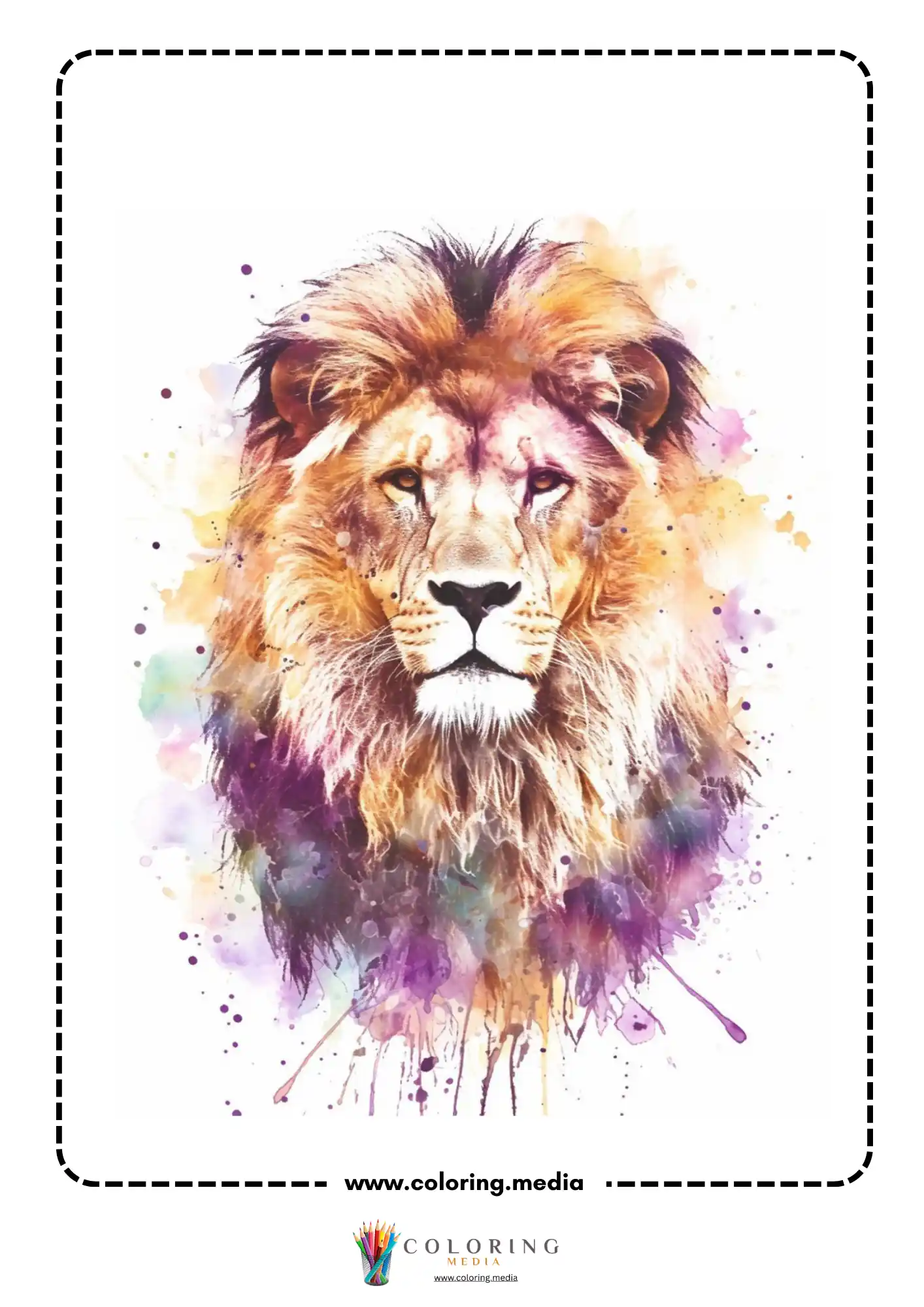 Reverse animal coloring page with colorful painted animal scene