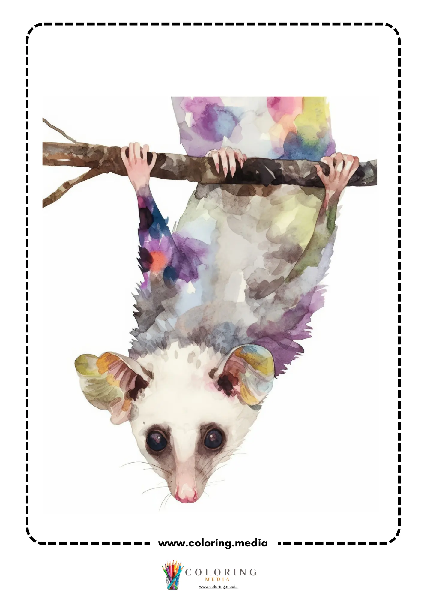 Reverse animal coloring page with colorful wildlife watercolor scene