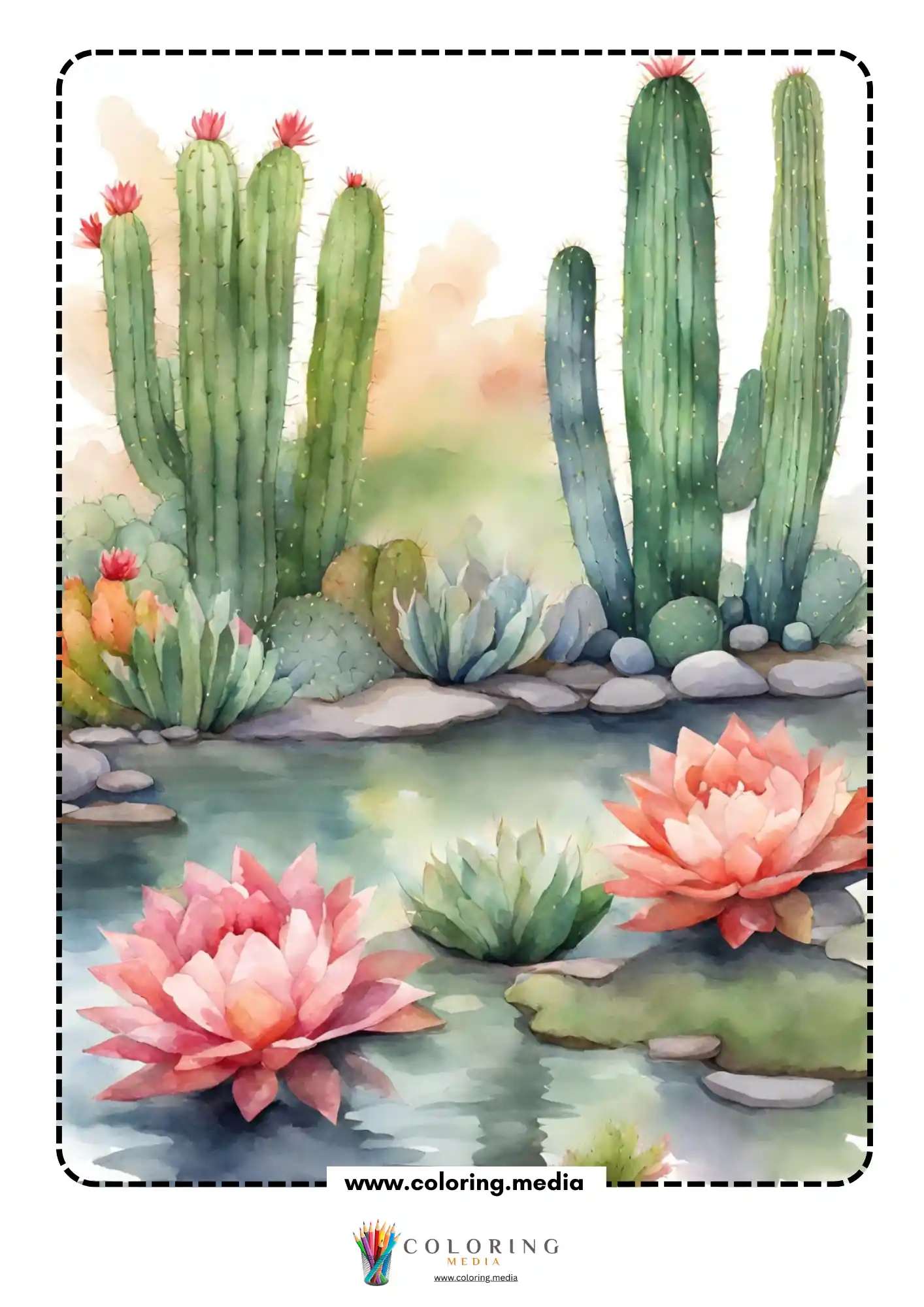Reverse cactus coloring page with watercolor cactus garden and pink flowers