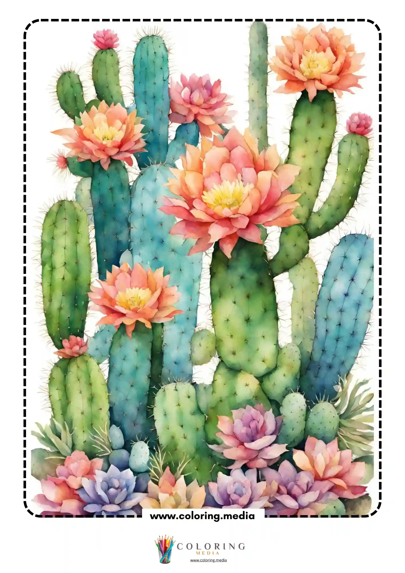Reverse cactus coloring page with painted cacti and desert flowers
