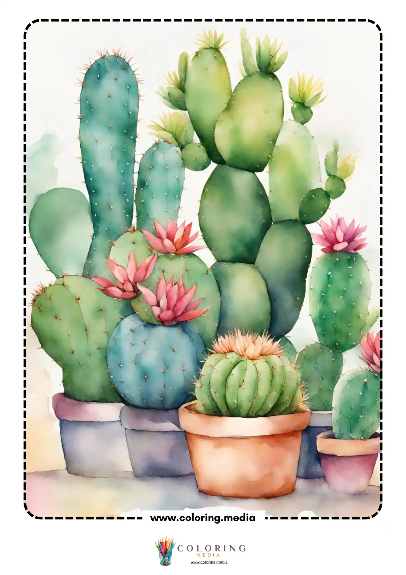 Reverse cactus coloring page with cactus and succulent garden
