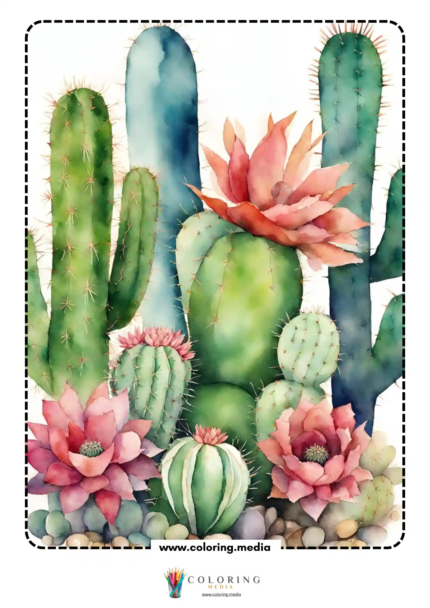 Reverse cactus coloring page with pastel desert plants and blossoms