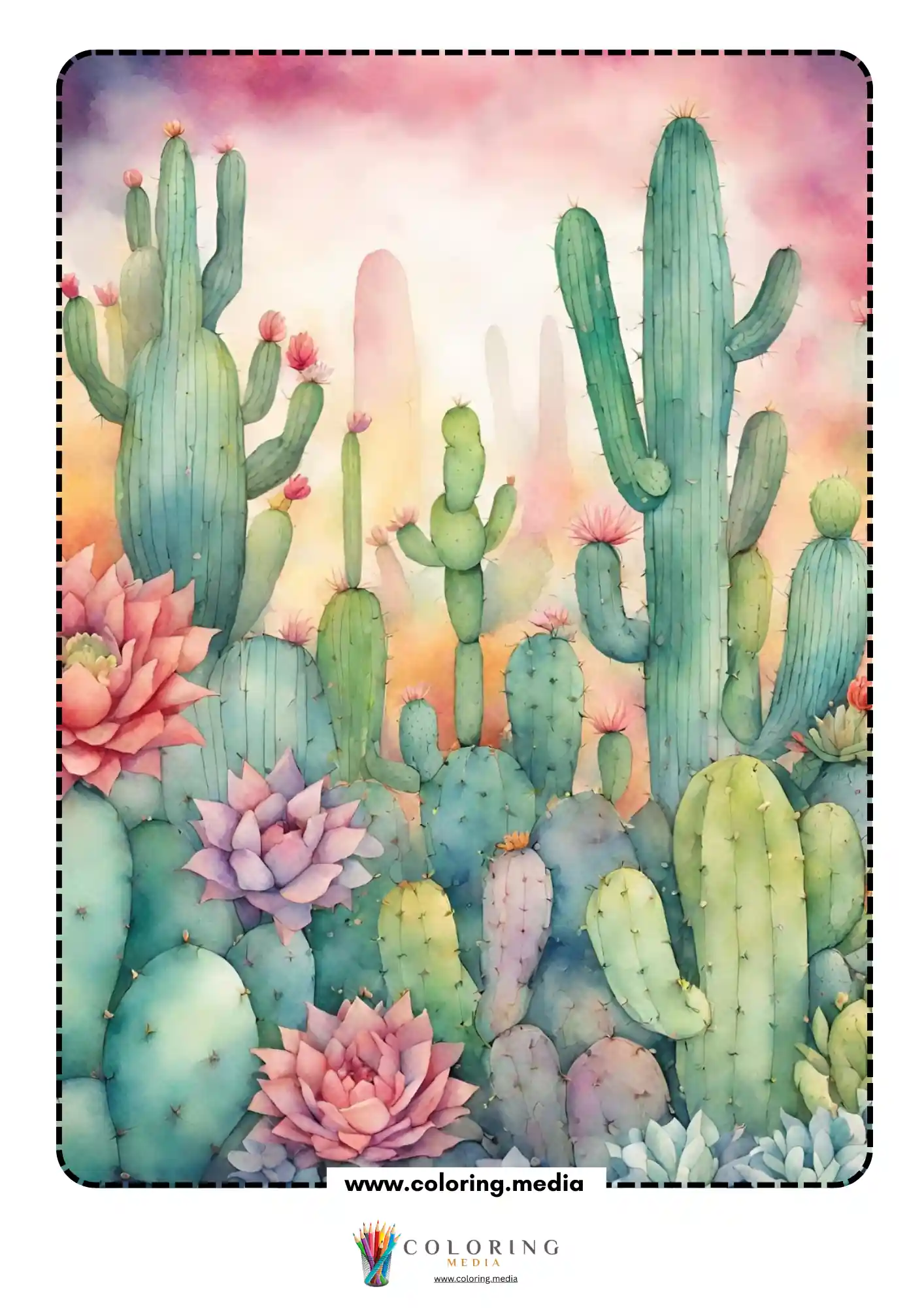 Reverse cactus coloring page with flowering cactus landscape