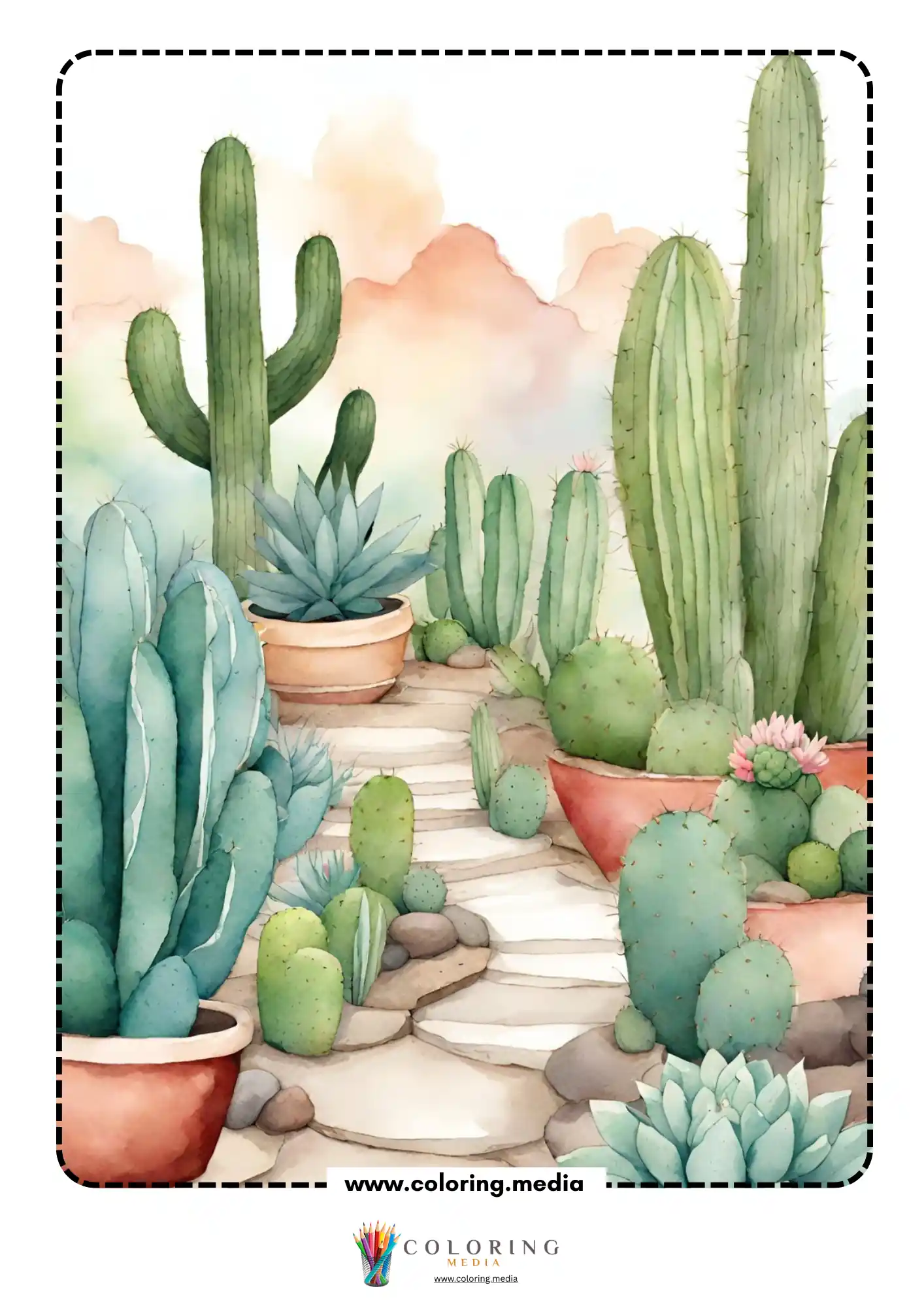 Reverse cactus coloring page with desert plants and pastel background