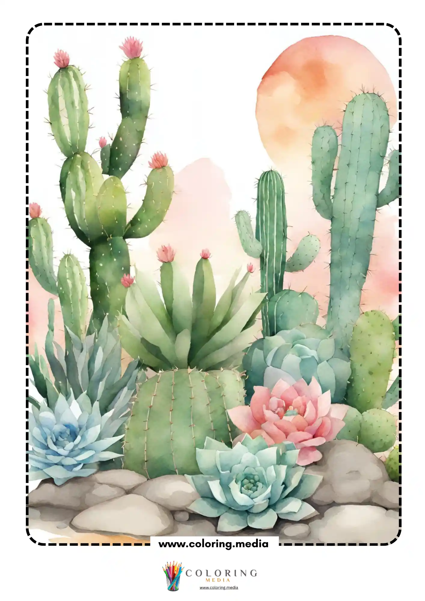 Reverse cactus coloring page with cactus cluster and painted blooms