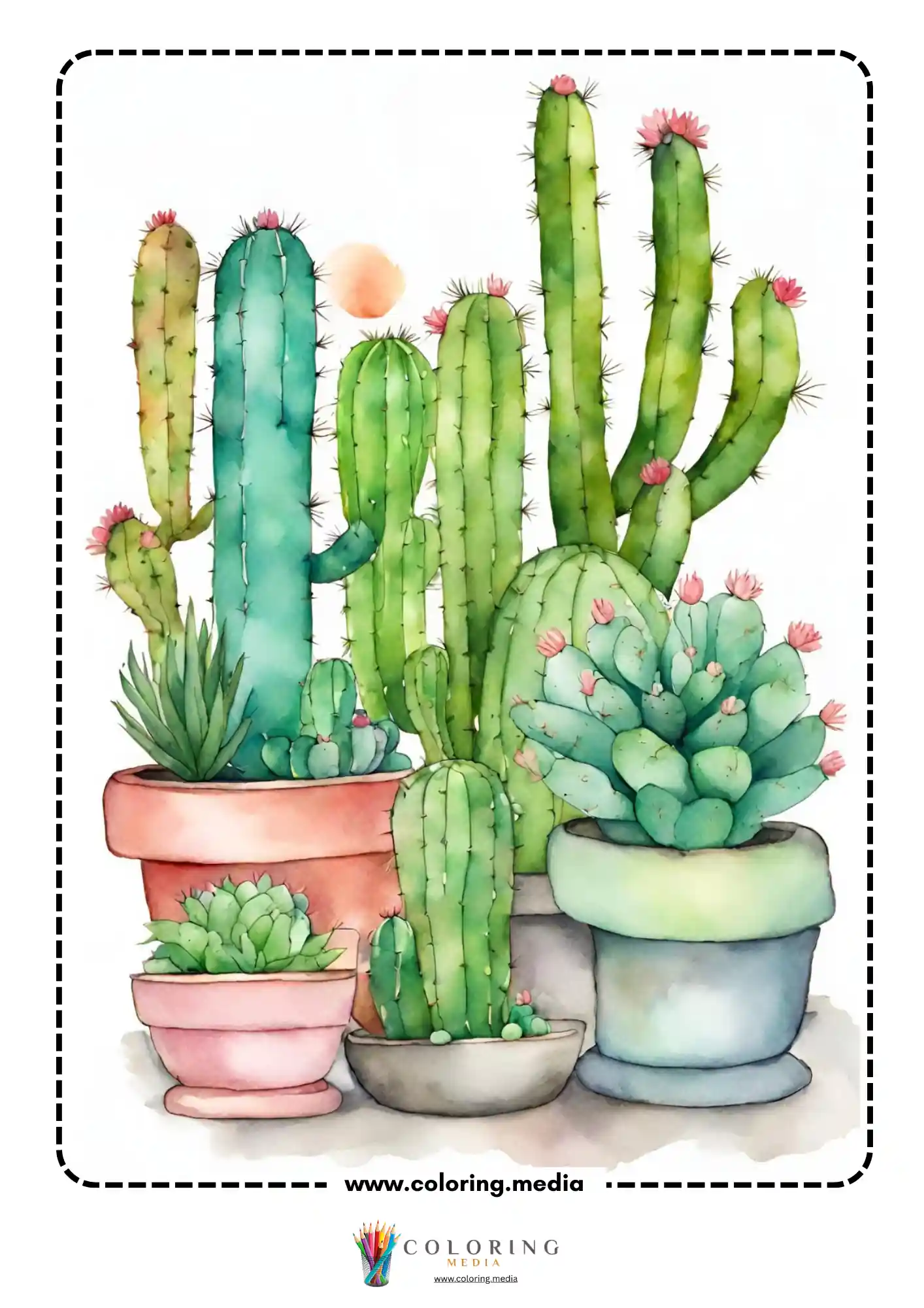 Reverse cactus coloring page with watercolor cactus scene for line drawing