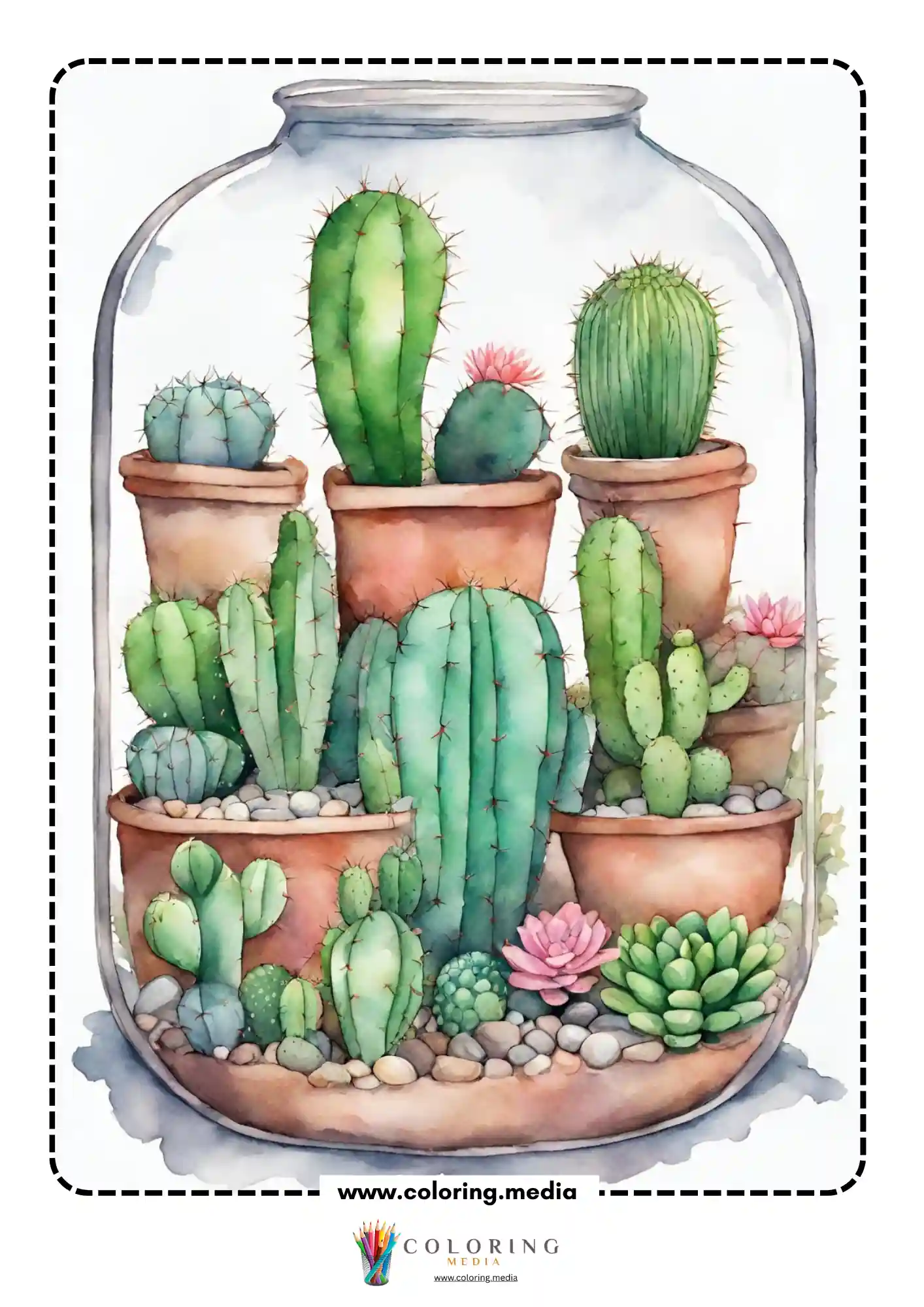 Reverse cactus coloring page with tall cactus stems and warm sky