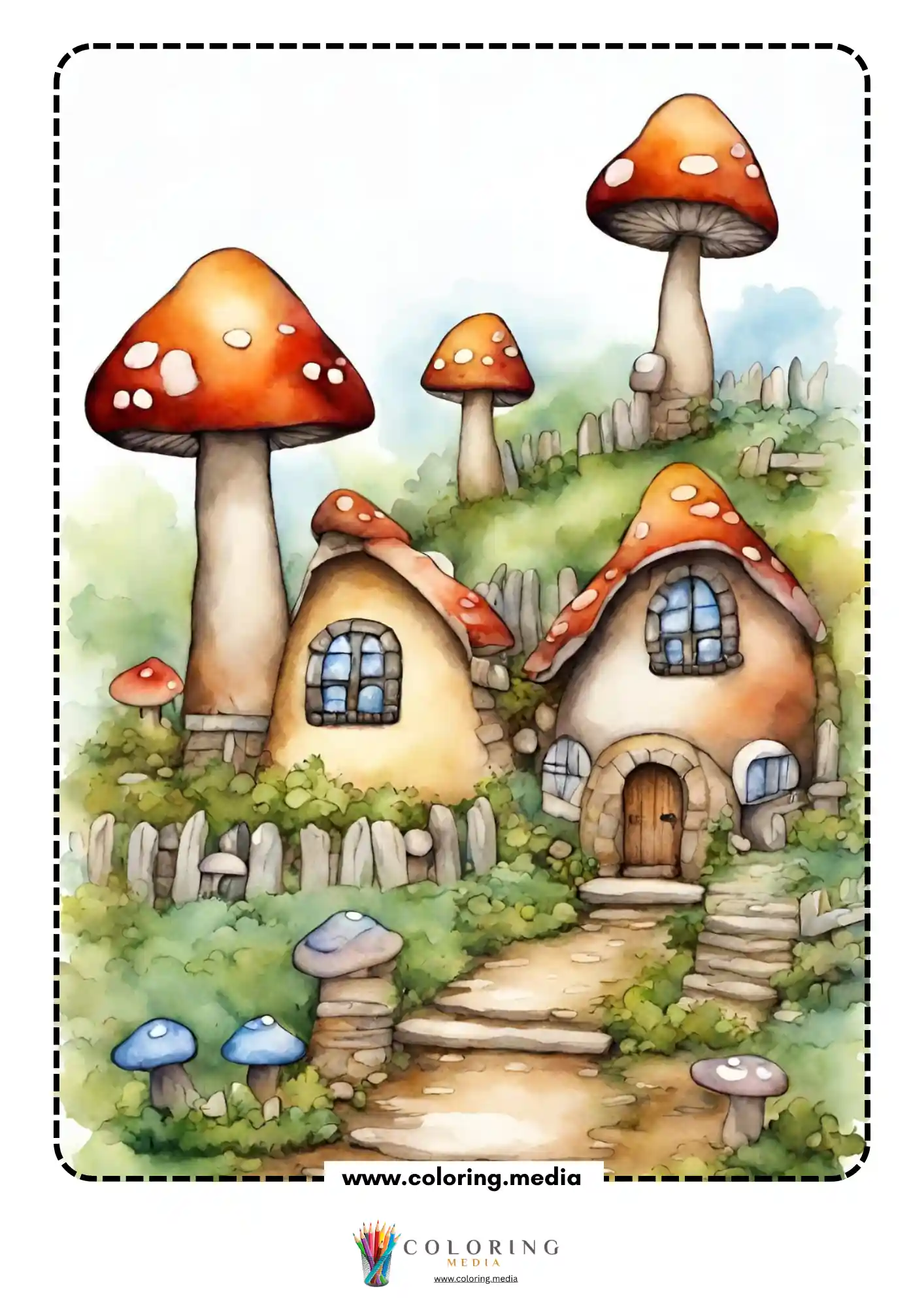 Reverse fantasy mushroom village coloring page with tiny woodland houses