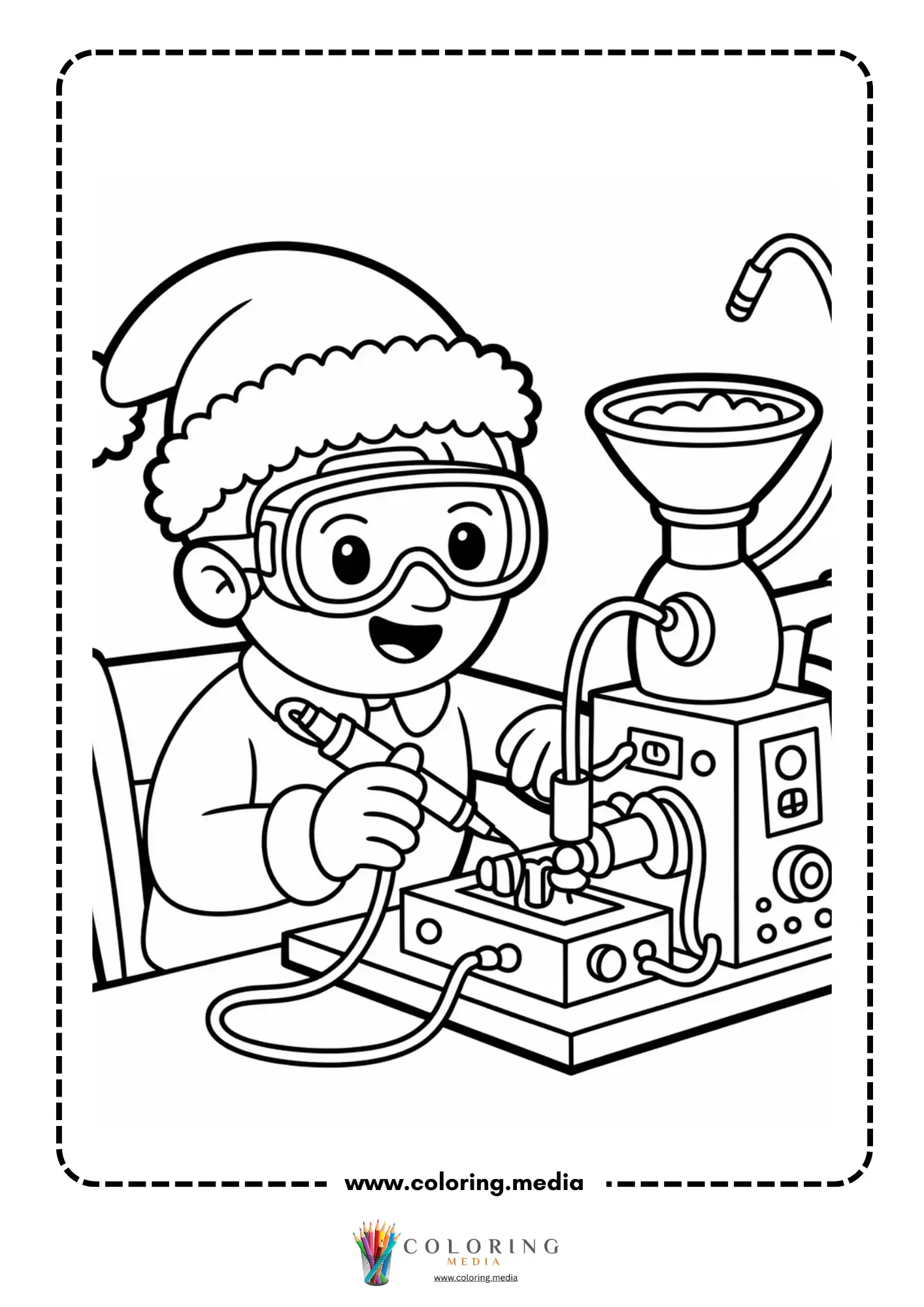 Cute science kids Christmas coloring page with child using lab equipment