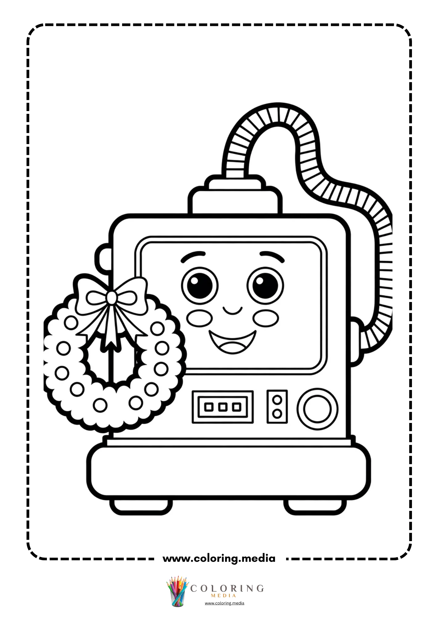 Cute science kids Christmas coloring page with festive science workstation