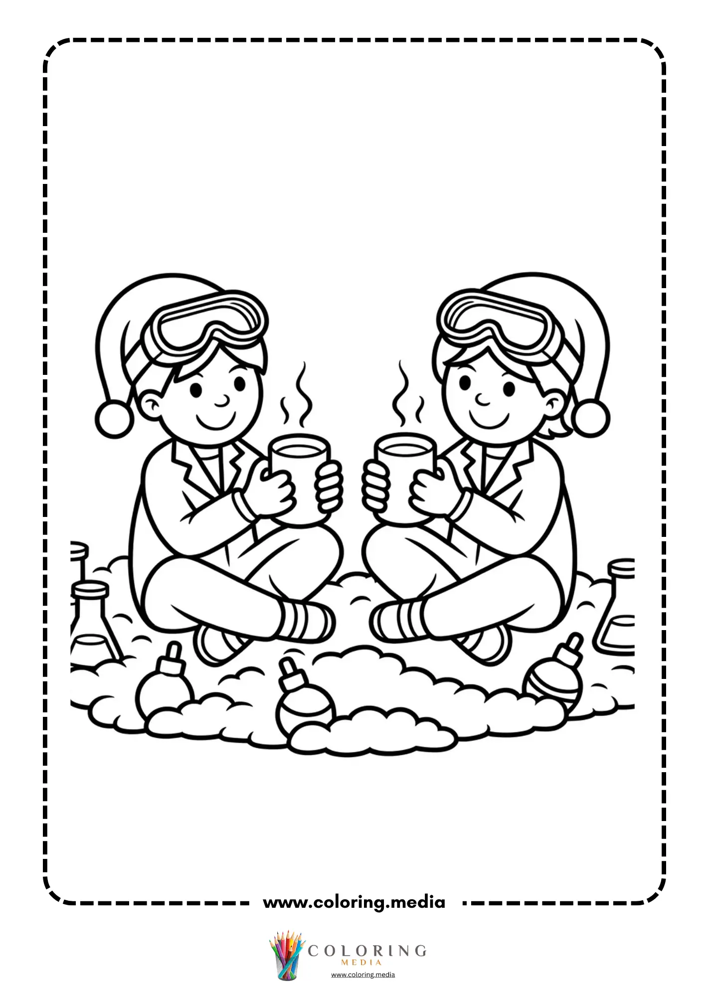 Cute science kids Christmas coloring page with science kit and cheerful child