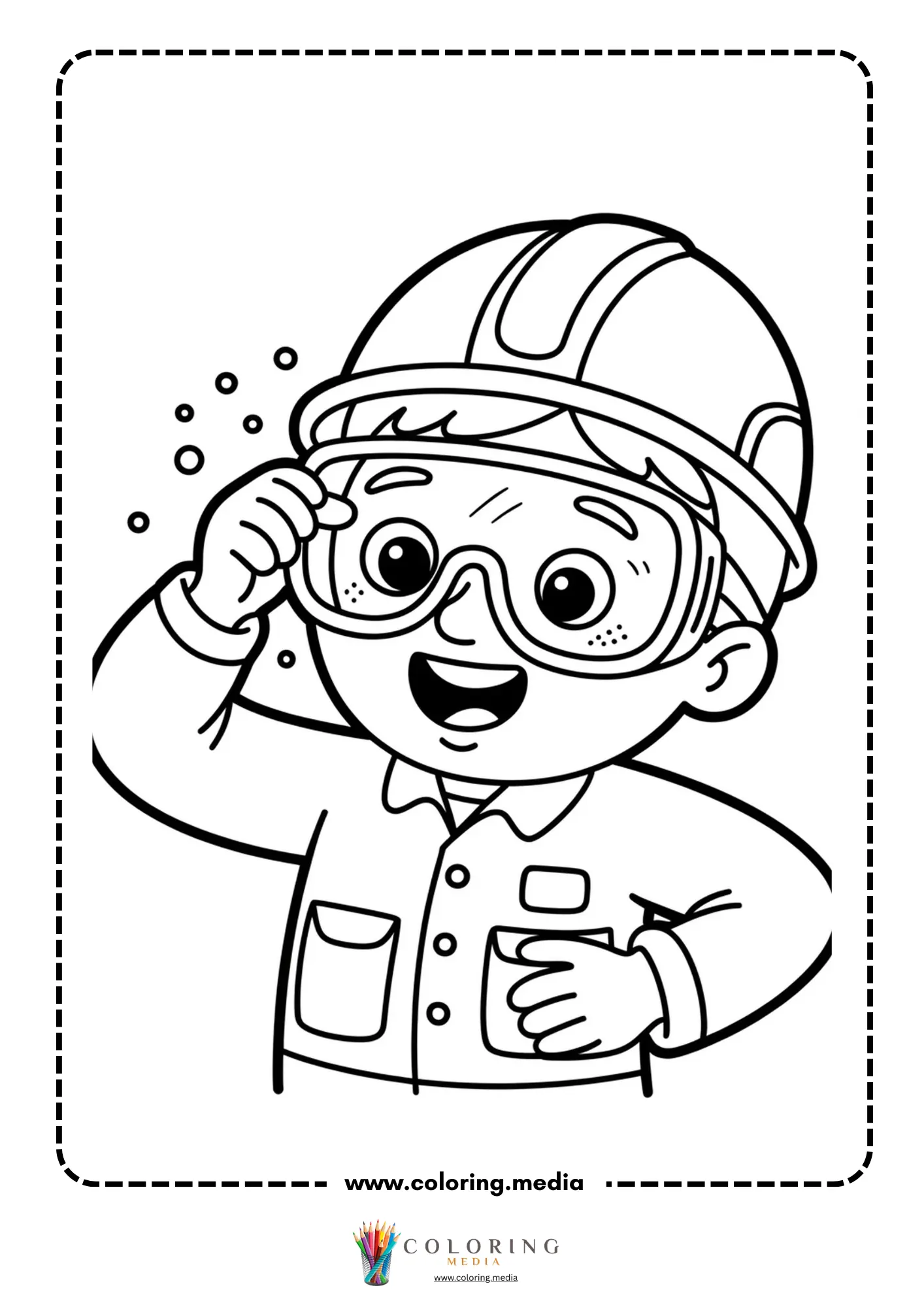 Cute science kids Christmas coloring page with beaker setup and goggles