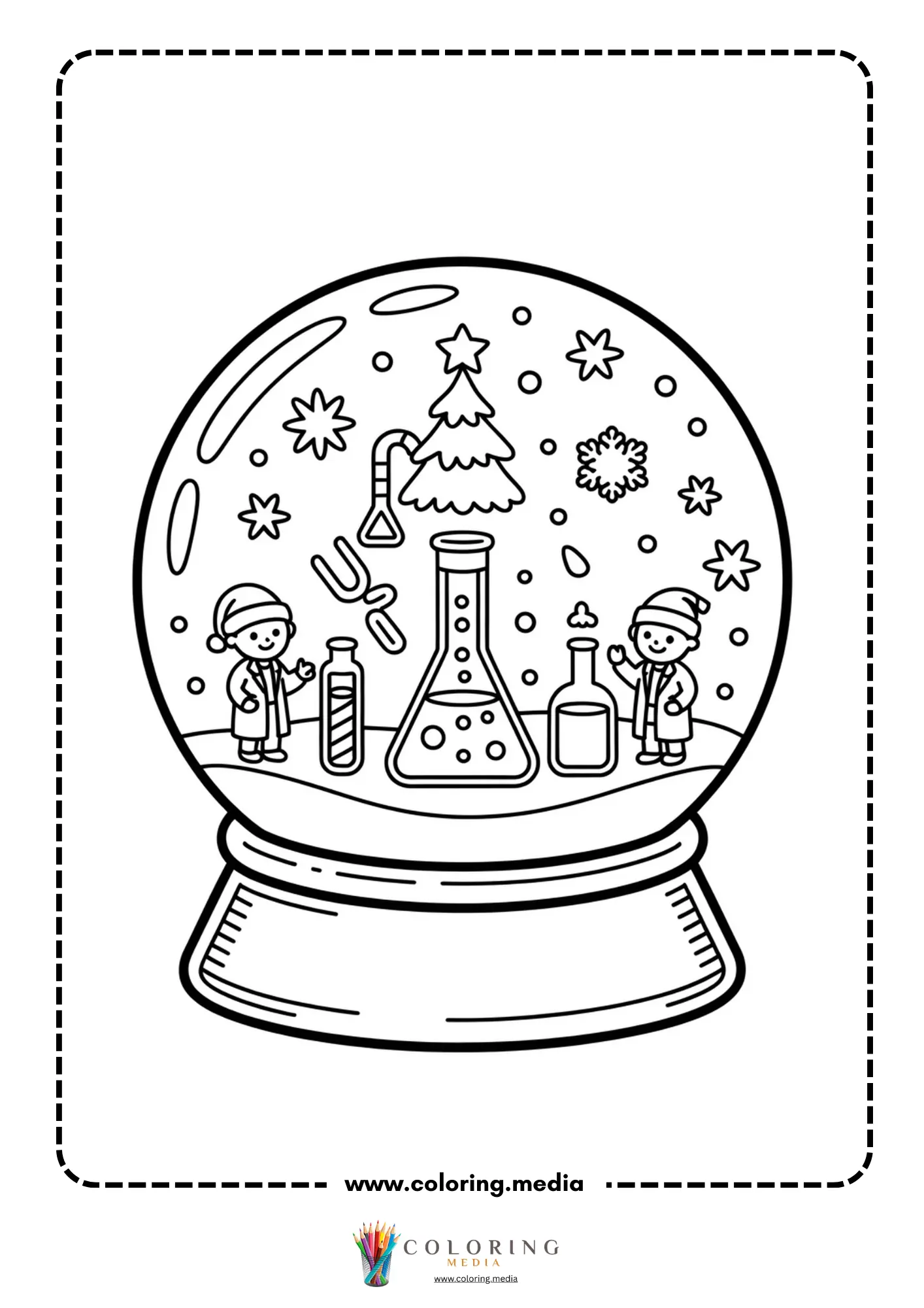 Cute science kids Christmas coloring page with kid scientist and machine