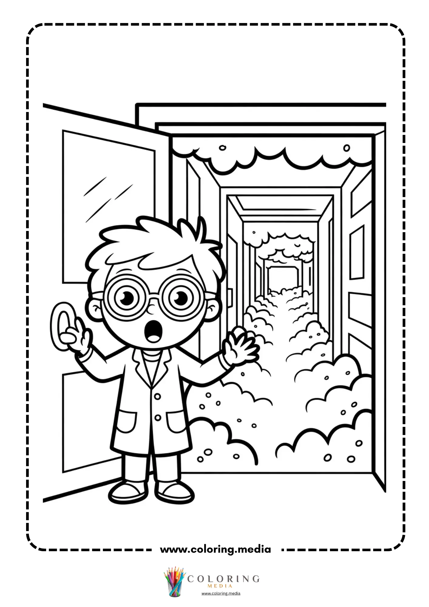 Cute science kids Christmas coloring page with festive lab scene