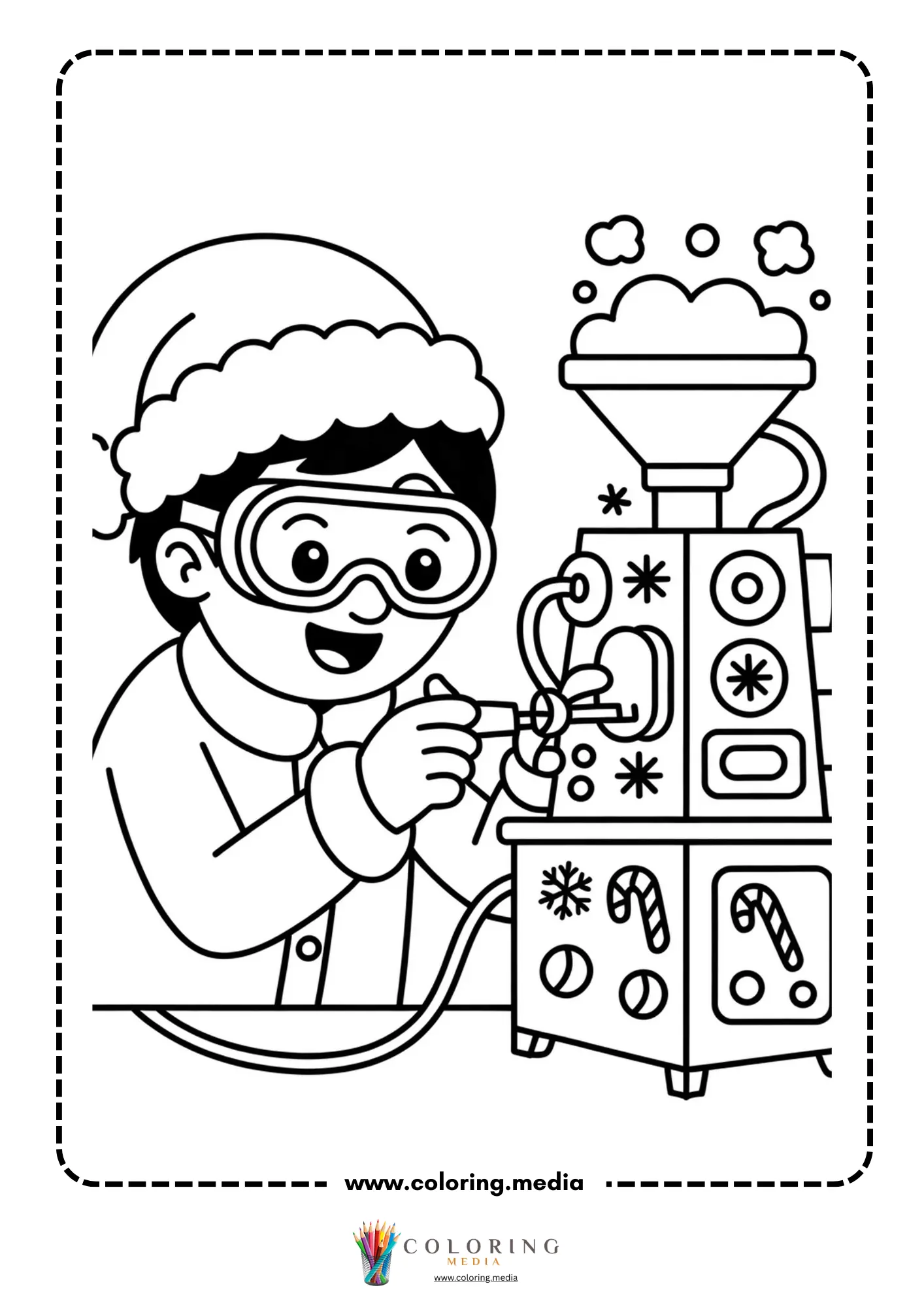 Cute science kids Christmas coloring page with goggles and experiment machine