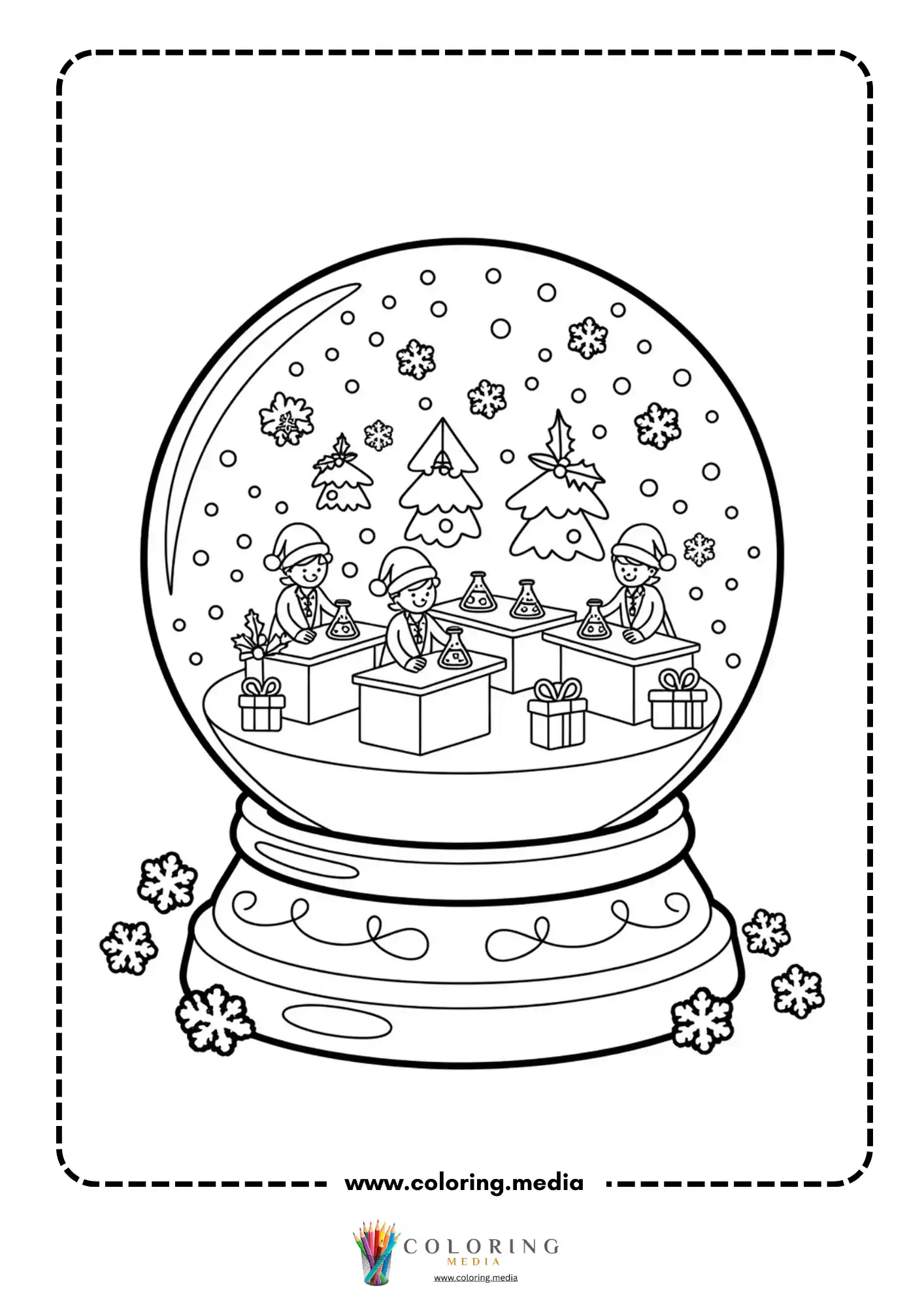 Cute science kids Christmas coloring page with child holding science tool