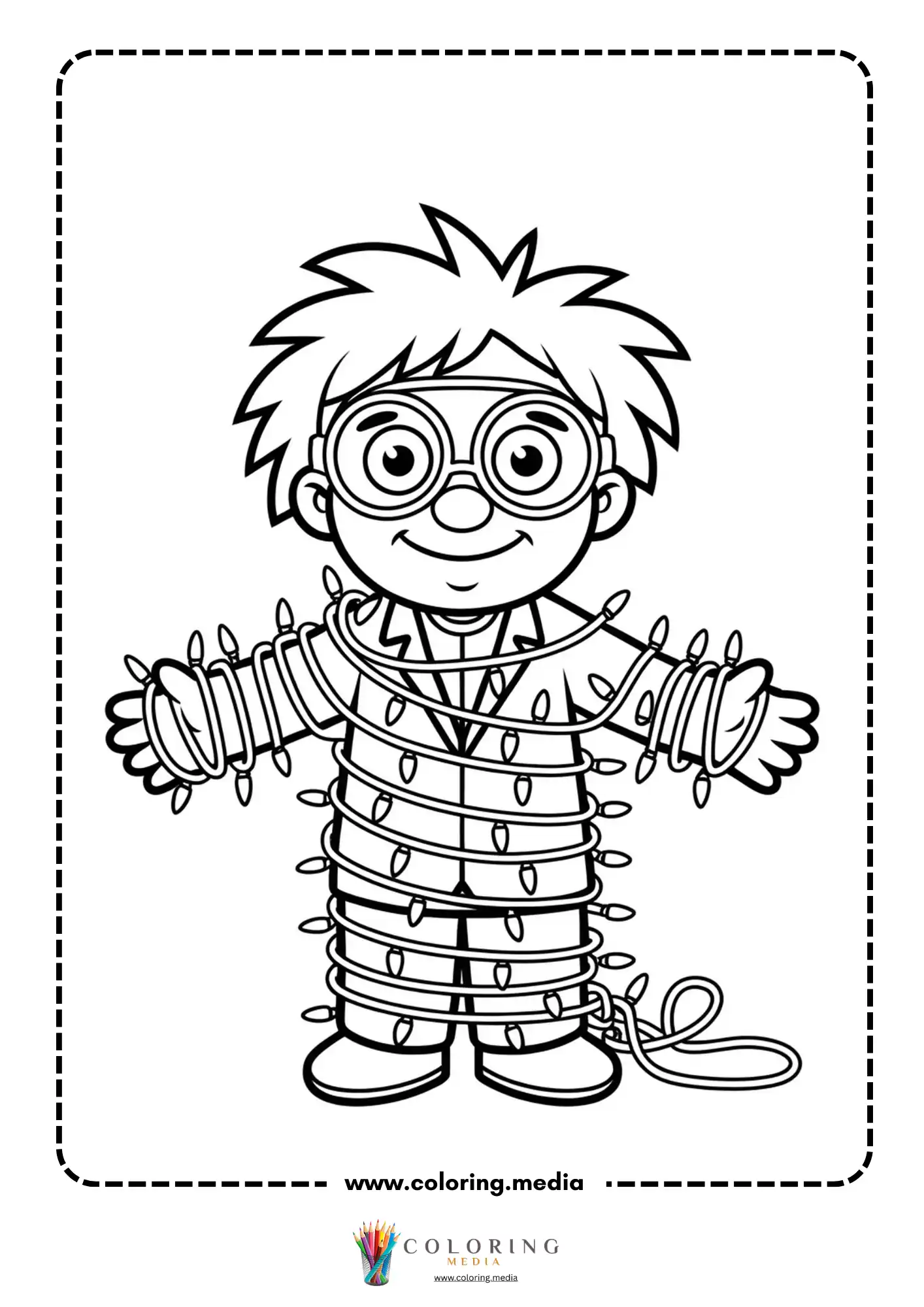 Cute science kids Christmas coloring page with young researcher at work