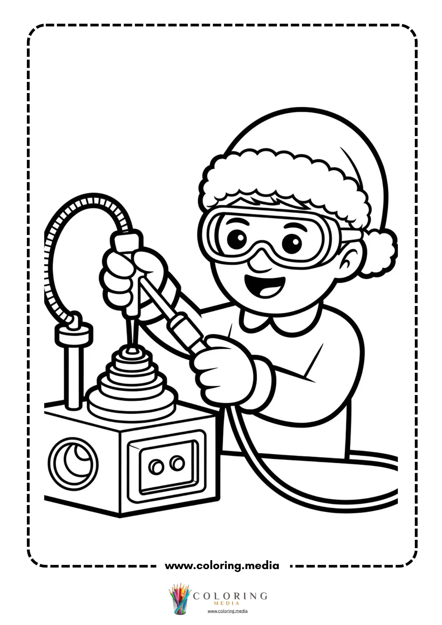 Cute science kids Christmas coloring page with Santa hat and science tools