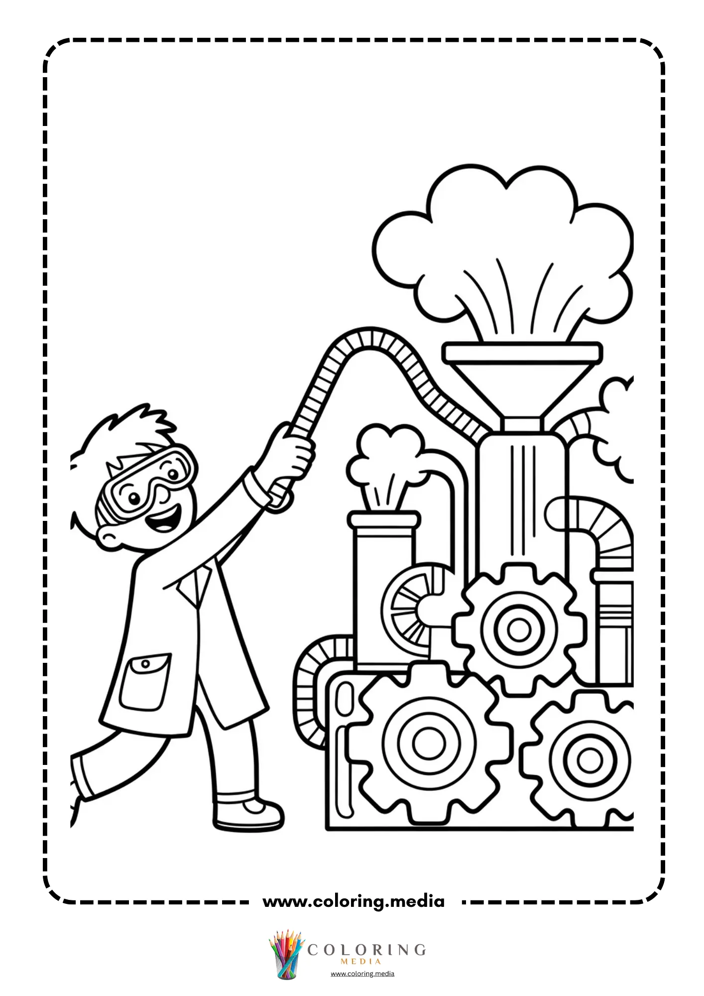Cute science kids Christmas coloring page with child scientist at lab table
