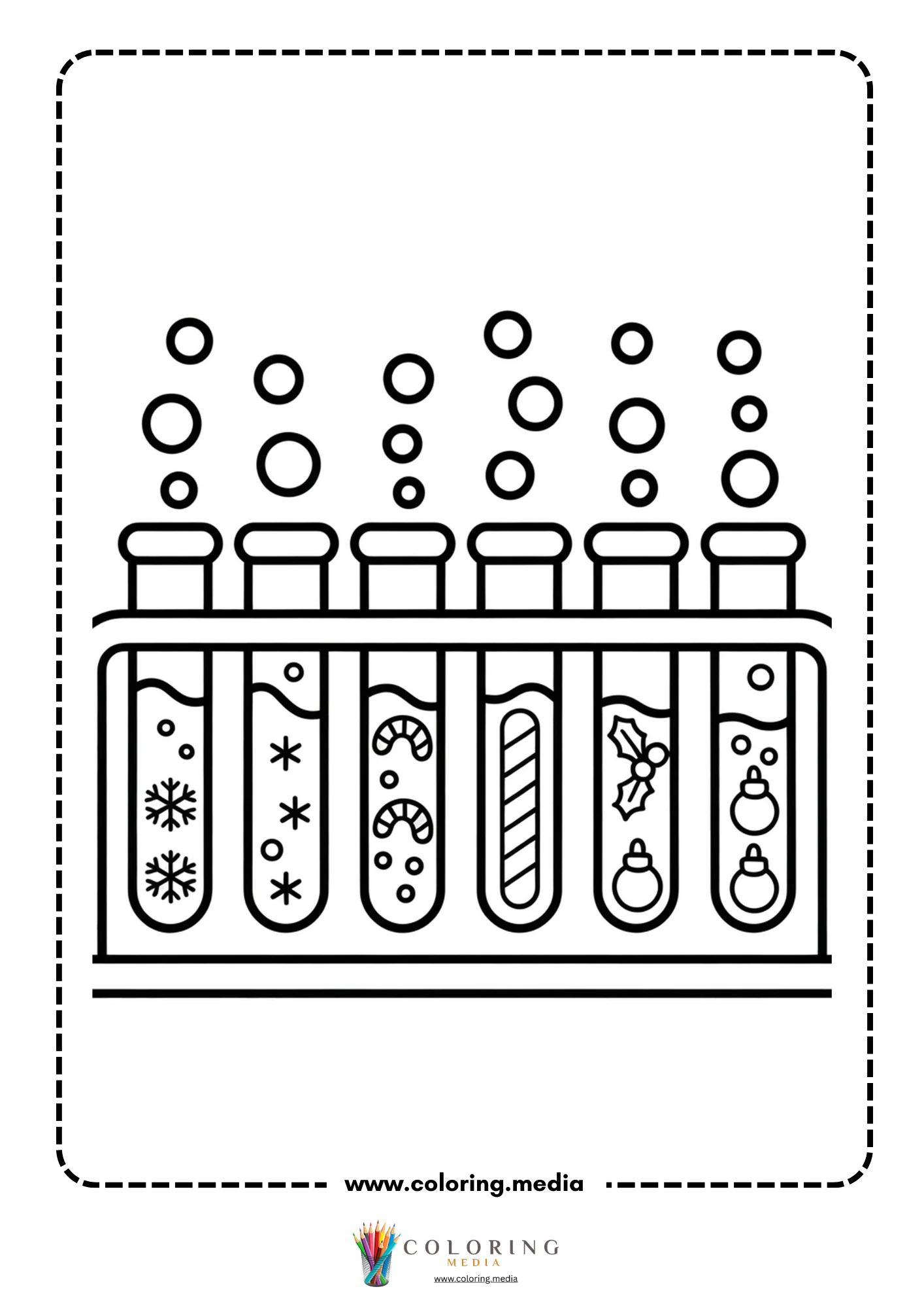 Cute science kids Christmas coloring page with young scientist and test tubes