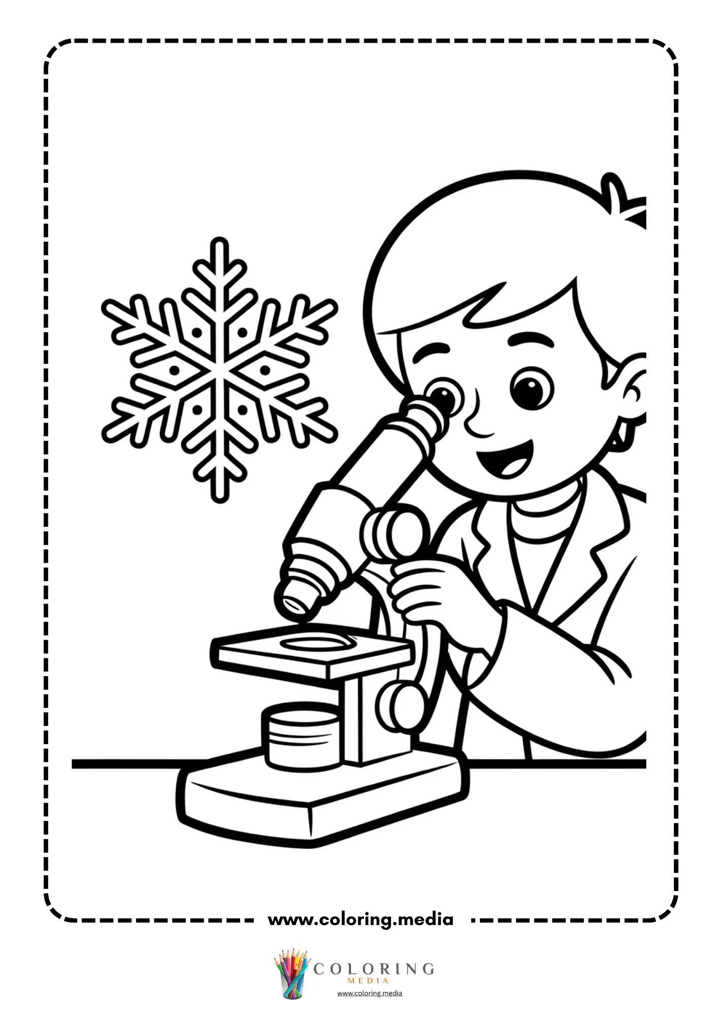 Cute science kids Christmas coloring page with lab goggles and holiday decor