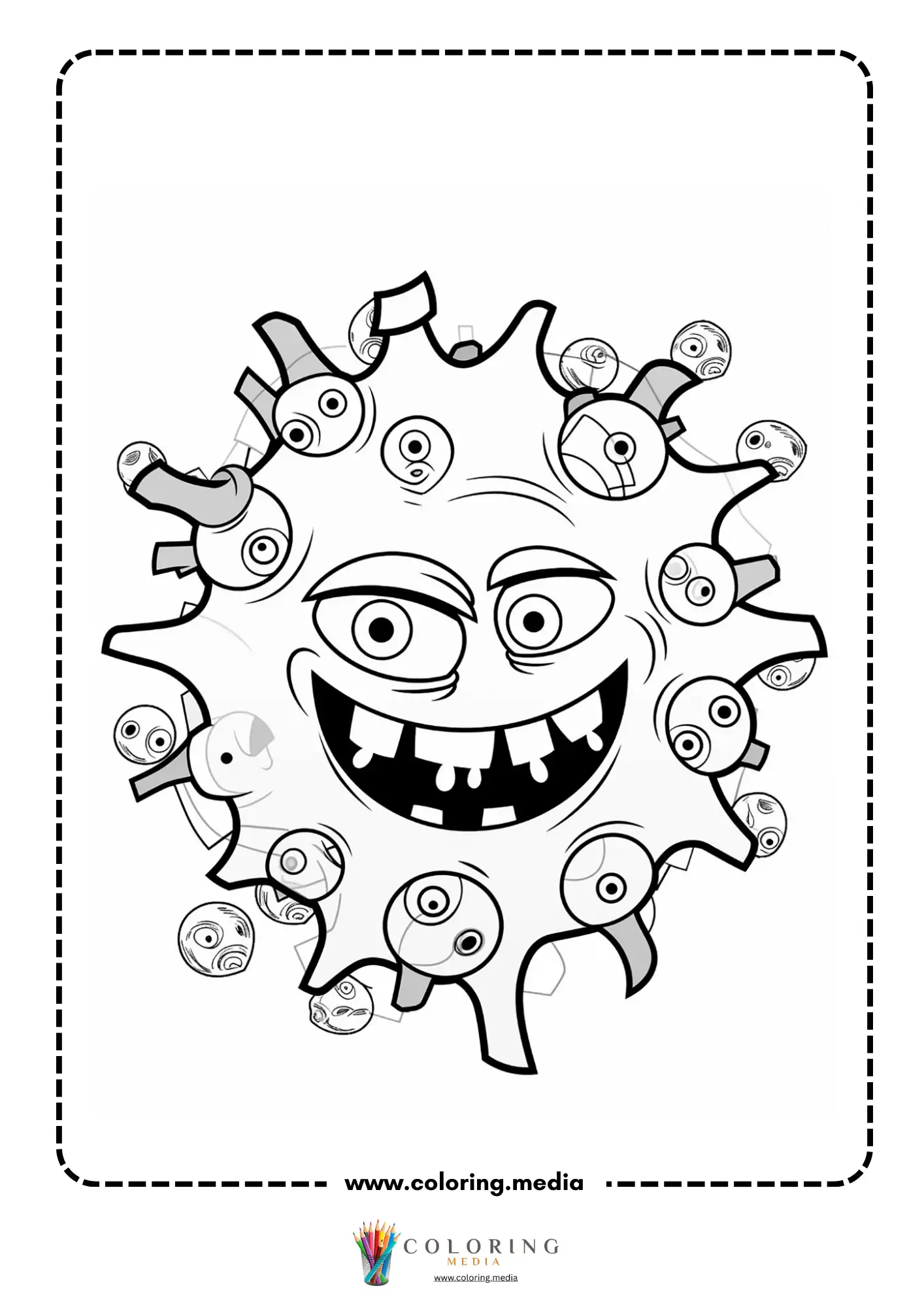 Cute virus and bacteria coloring page with microscopic shapes