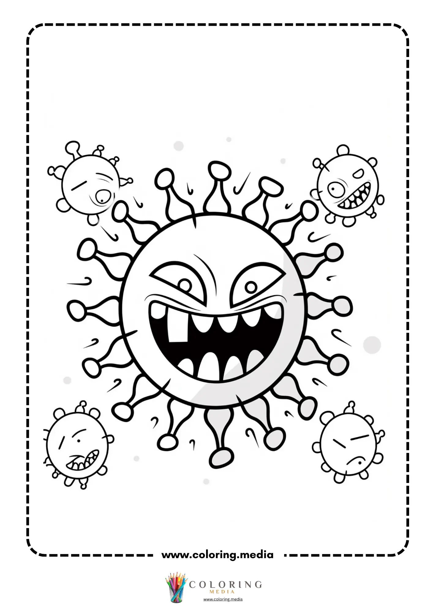 Cute virus and bacteria coloring page with cartoon microbe details