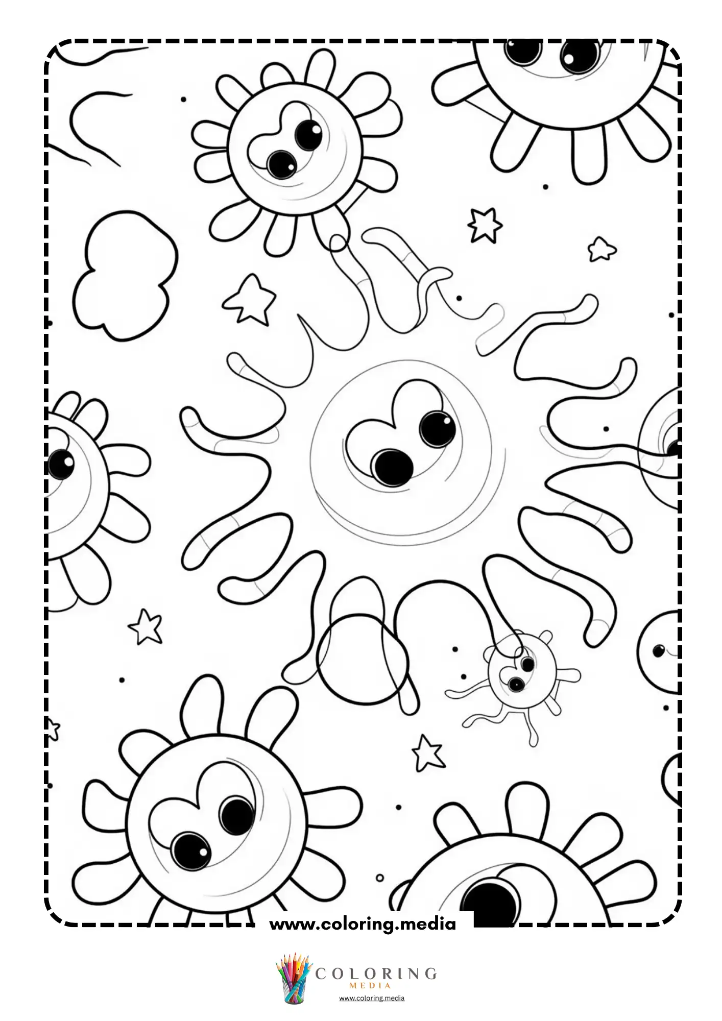 Cute virus and bacteria coloring page with oval germ shapes
