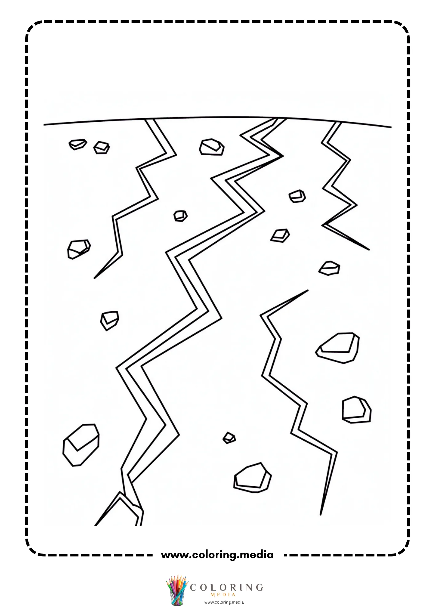 Earthquake coloring page with broken ground under buildings