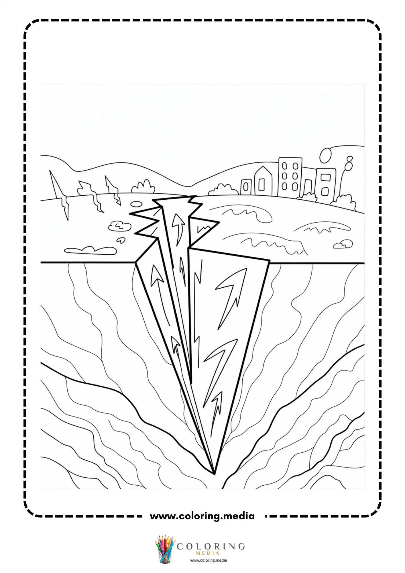 Earthquake coloring page with cracked landscape and homes