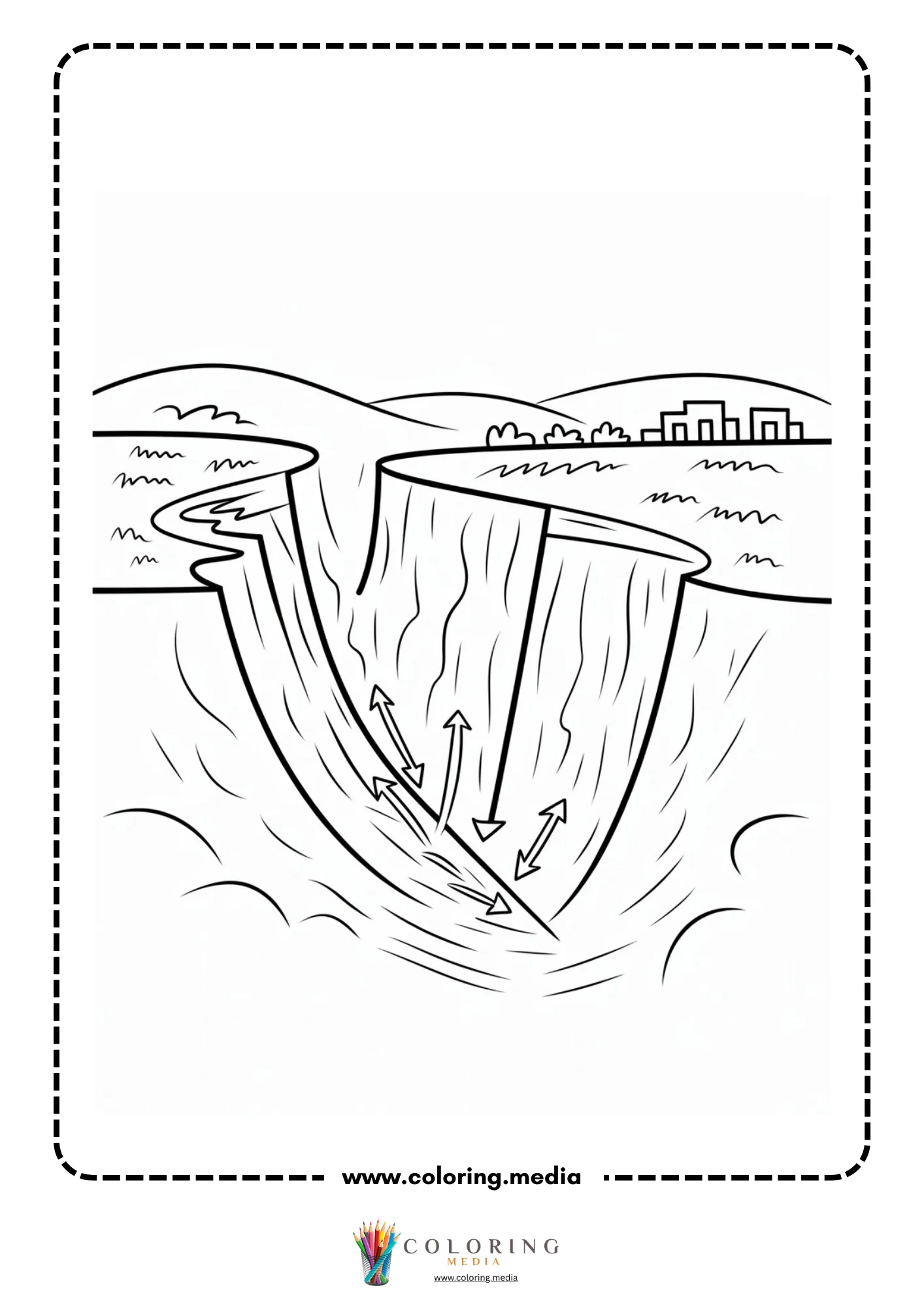 Earthquake coloring page with large zigzag fault in ground