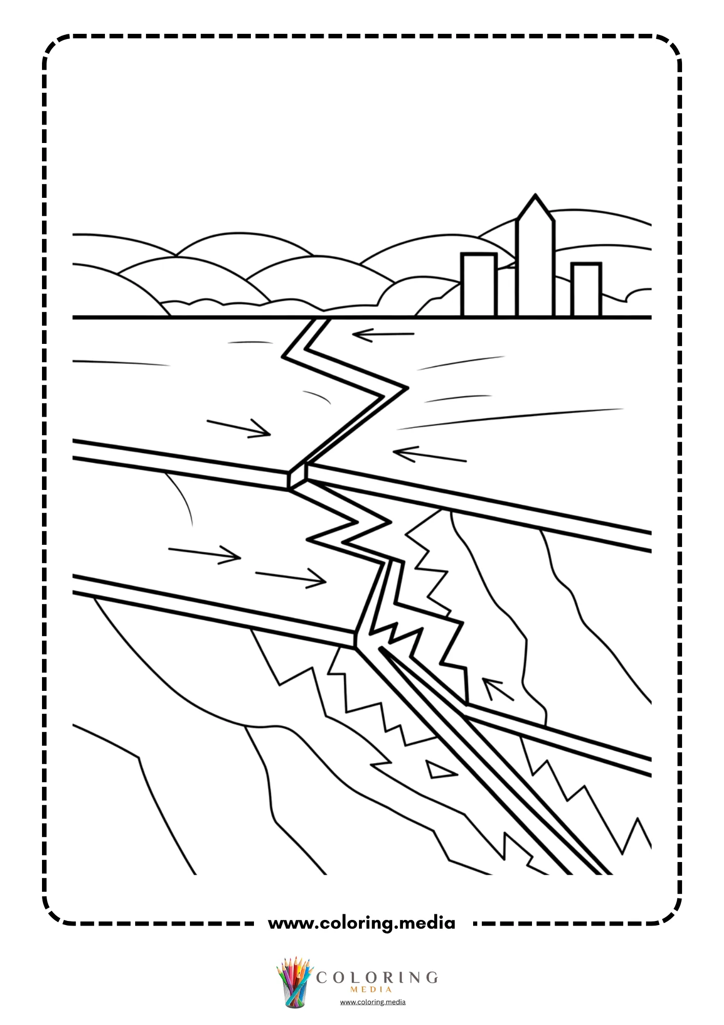 Earthquake coloring page with shaking city and road cracks