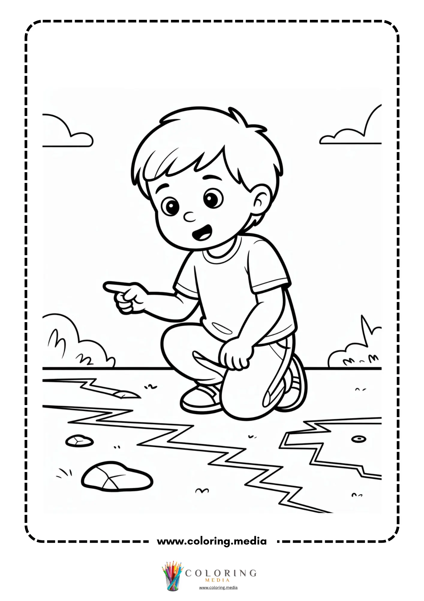 Earthquake coloring page with house near cracked ground