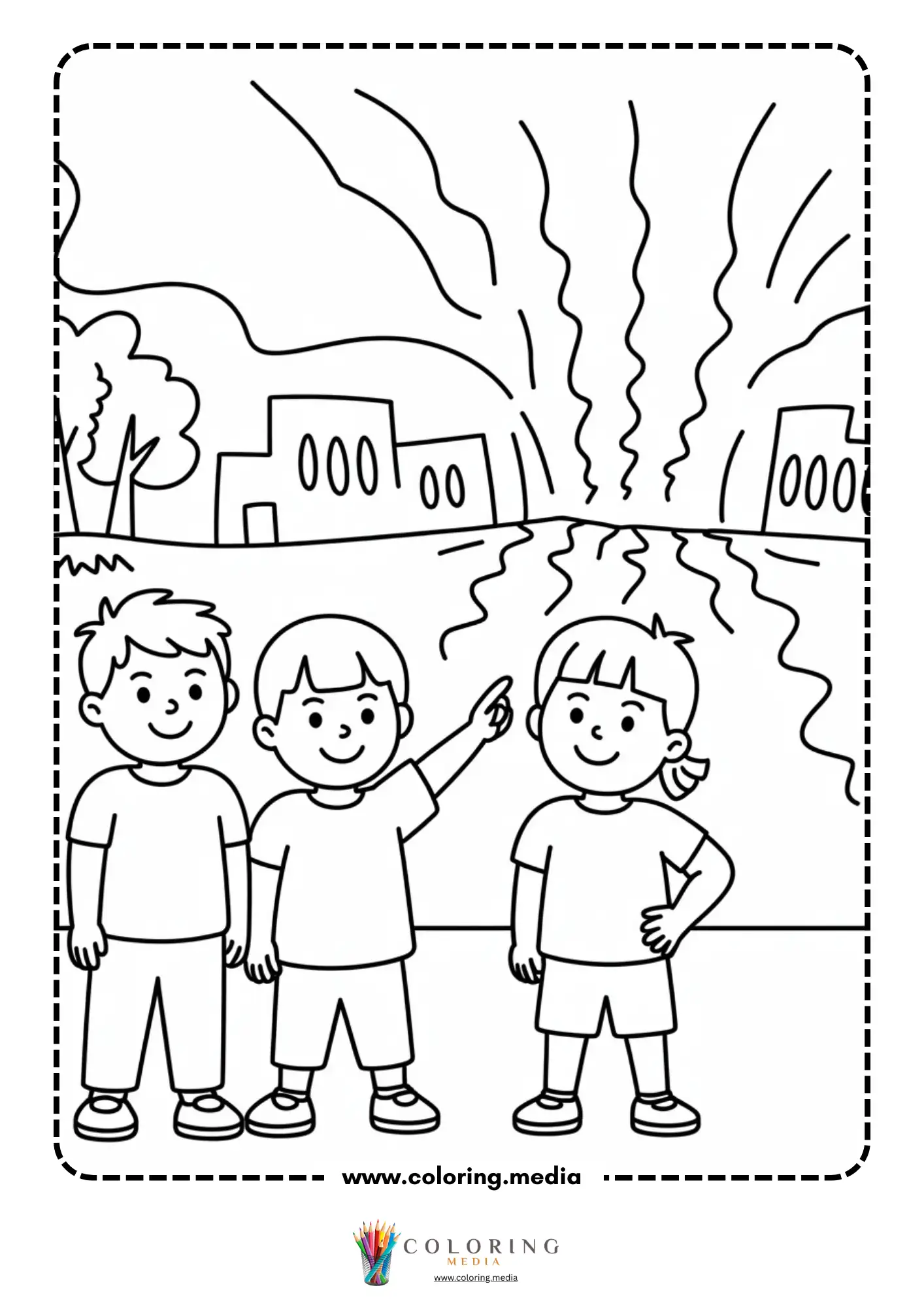 Earthquake coloring page with split road and simple buildings