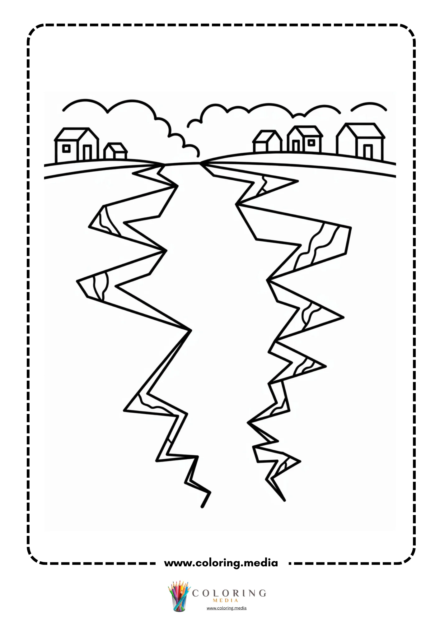 Earthquake coloring page with wide fault lines in the street