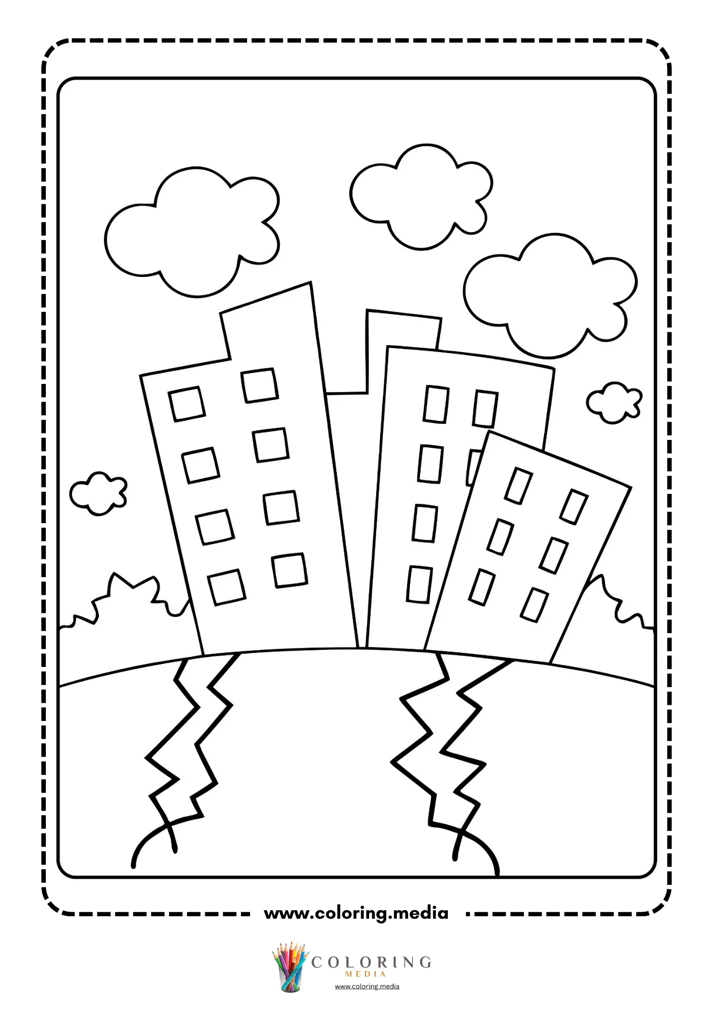 Earthquake coloring page with safety drill style scene