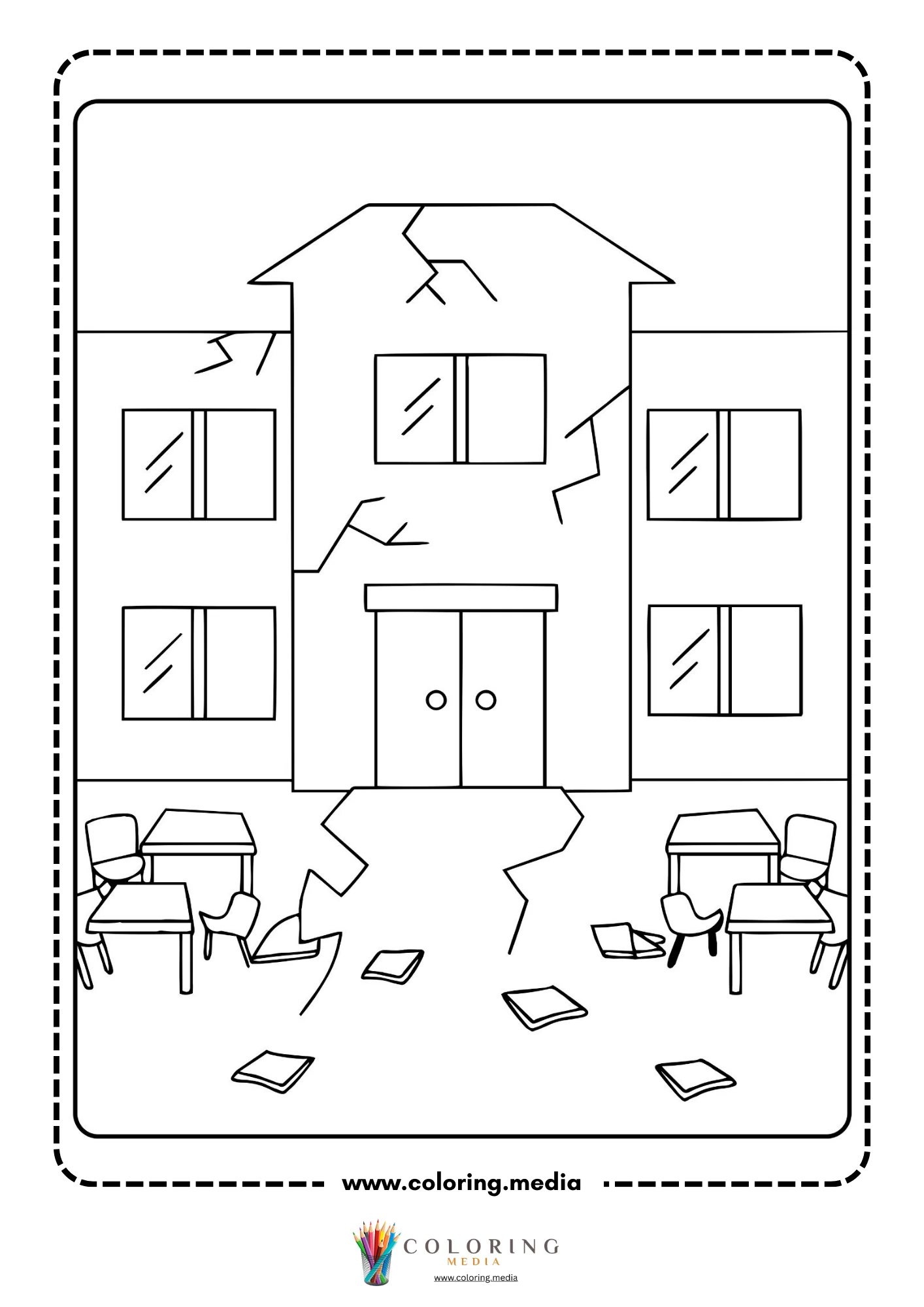 Earthquake coloring page with buildings and broken ground