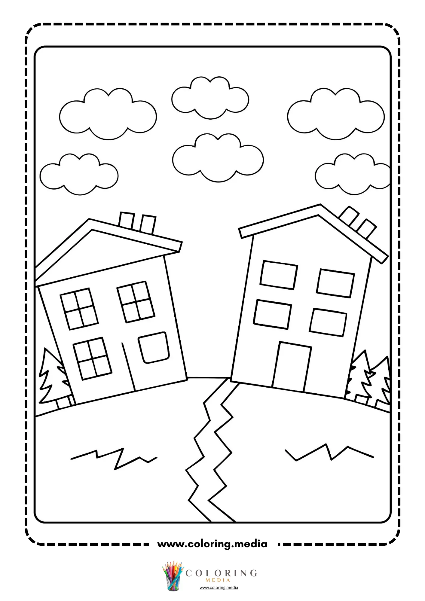 Earthquake coloring page with zigzag fissure through landscape