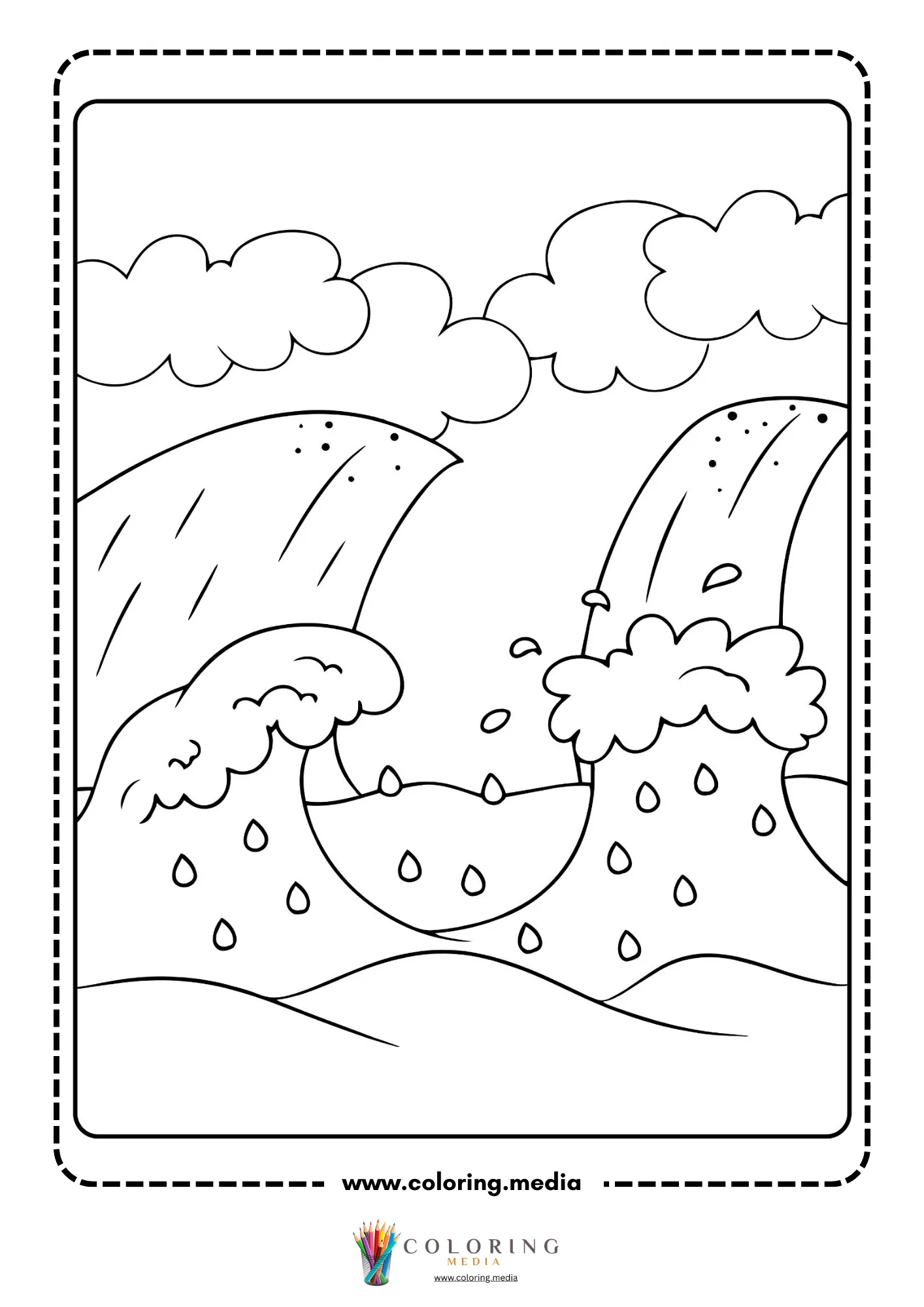 Earthquake coloring page with cracked street and horizon houses