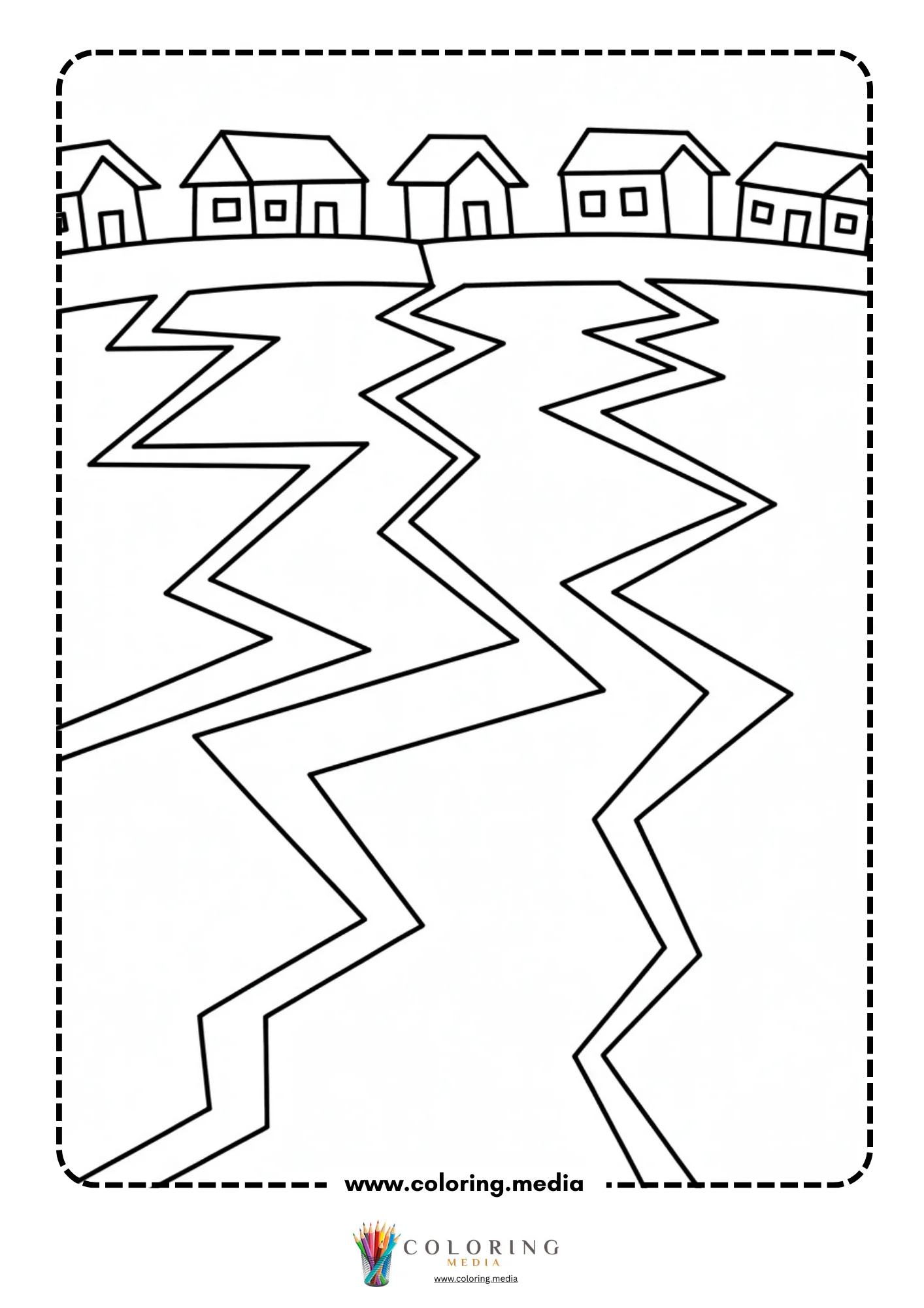 Earthquake coloring page with buildings above ground cracks