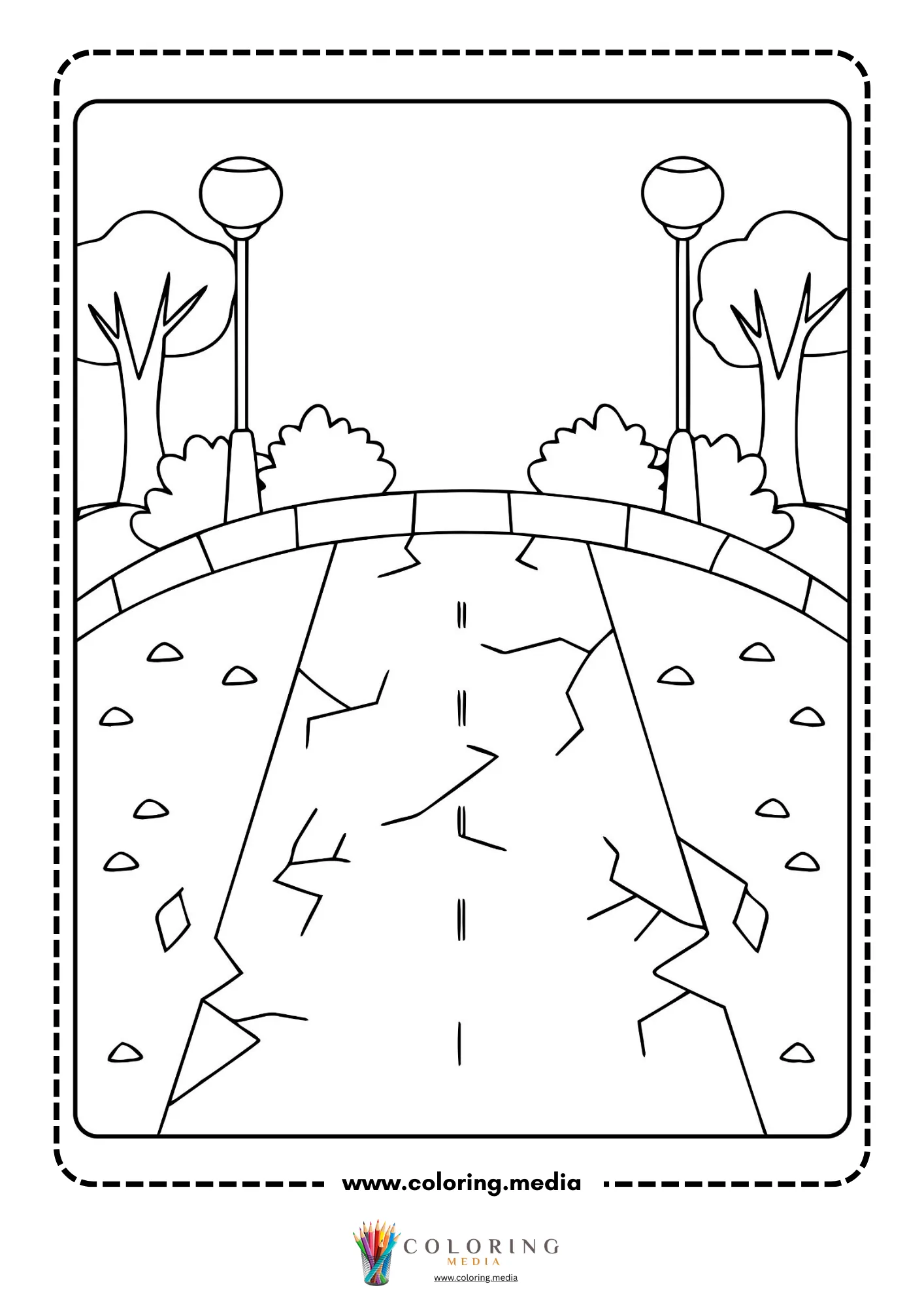 Earthquake coloring page with large central ground crack