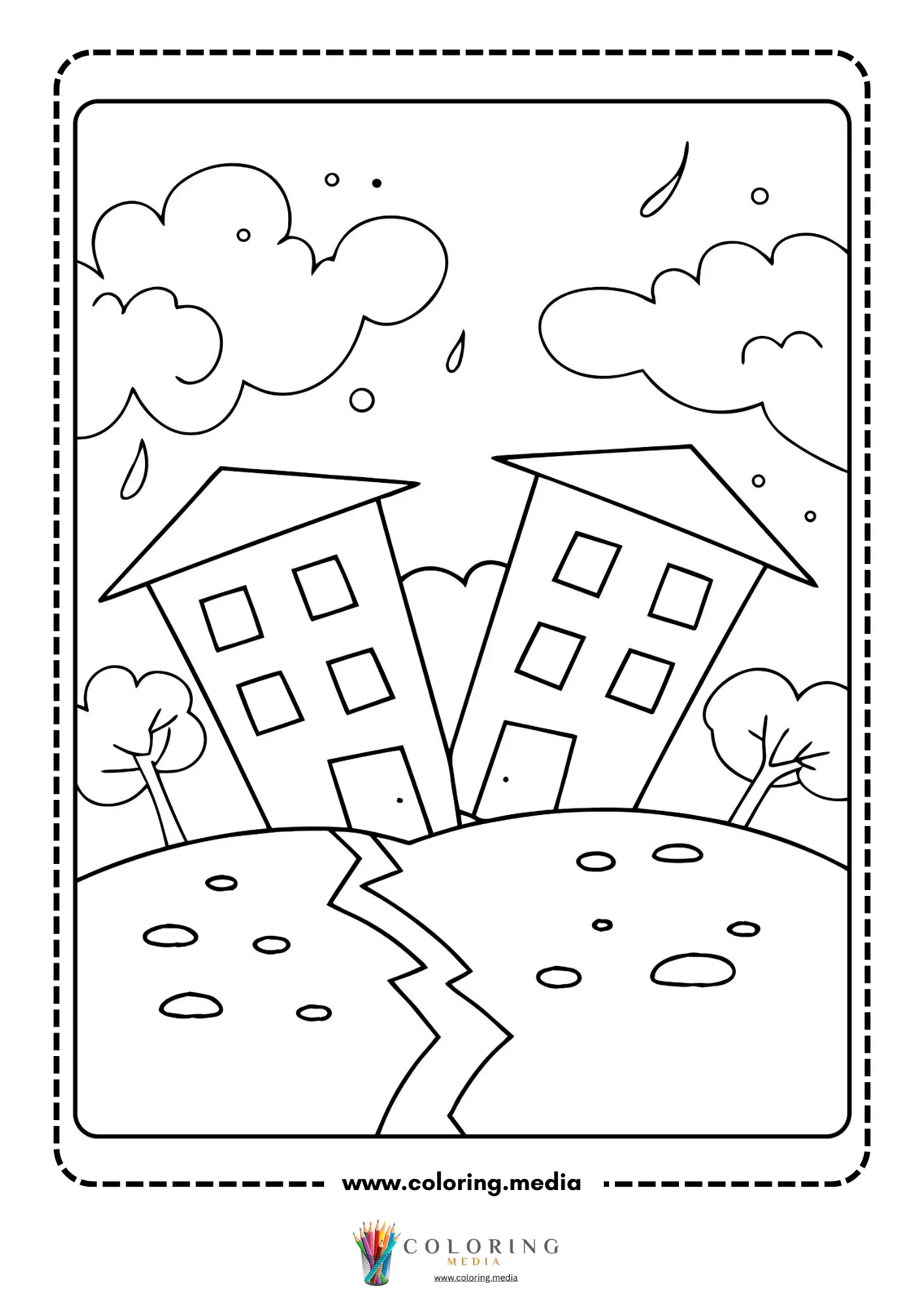 Earthquake coloring page with tremor lines and broken surface