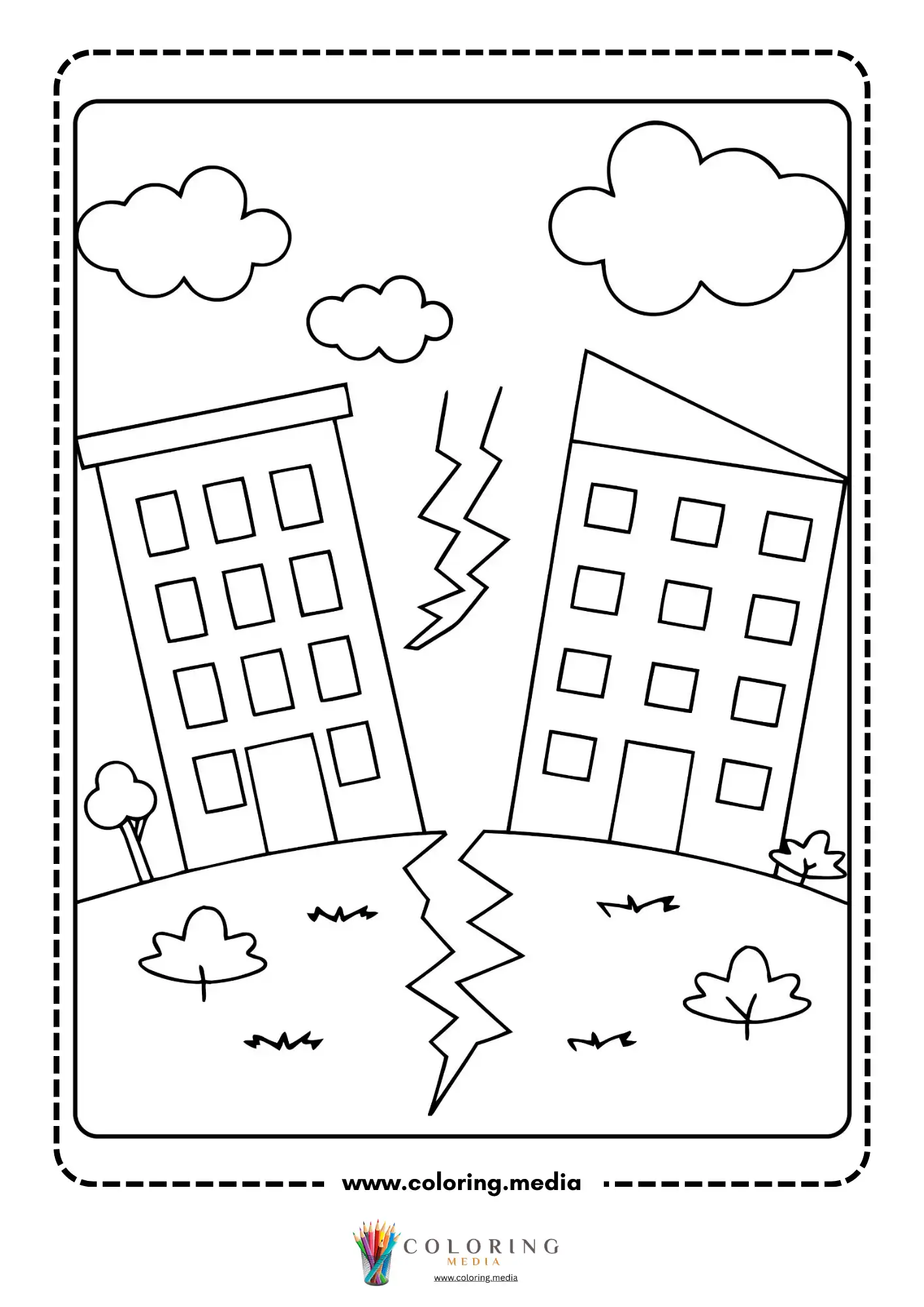 Earthquake coloring page with wide split in the ground