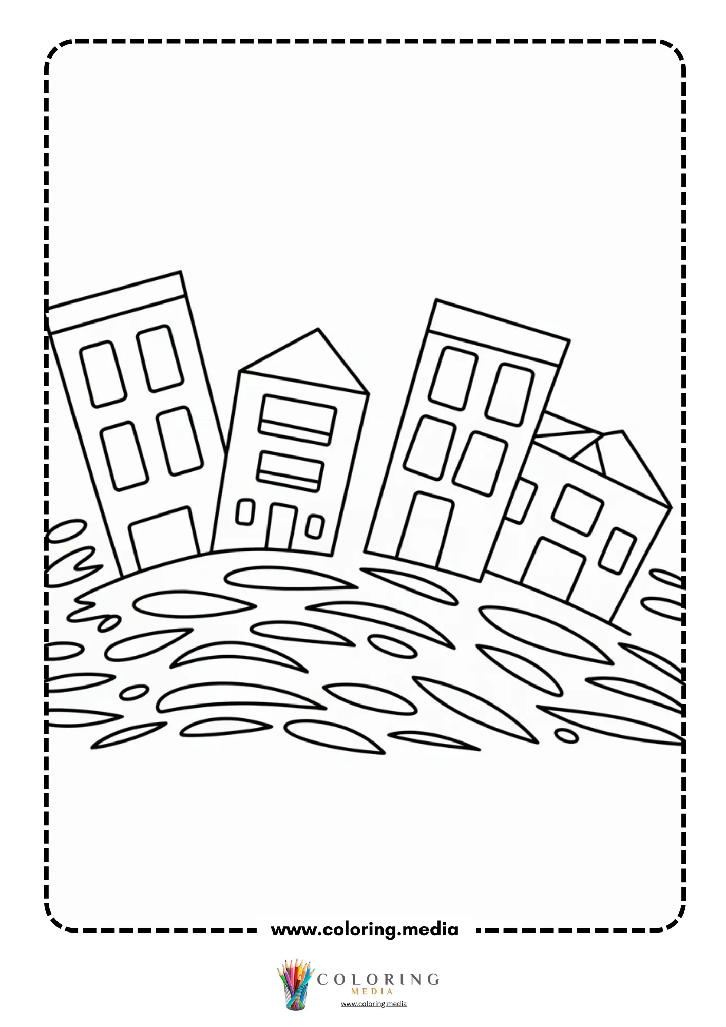 Earthquake coloring page with shaking house and broken pavement