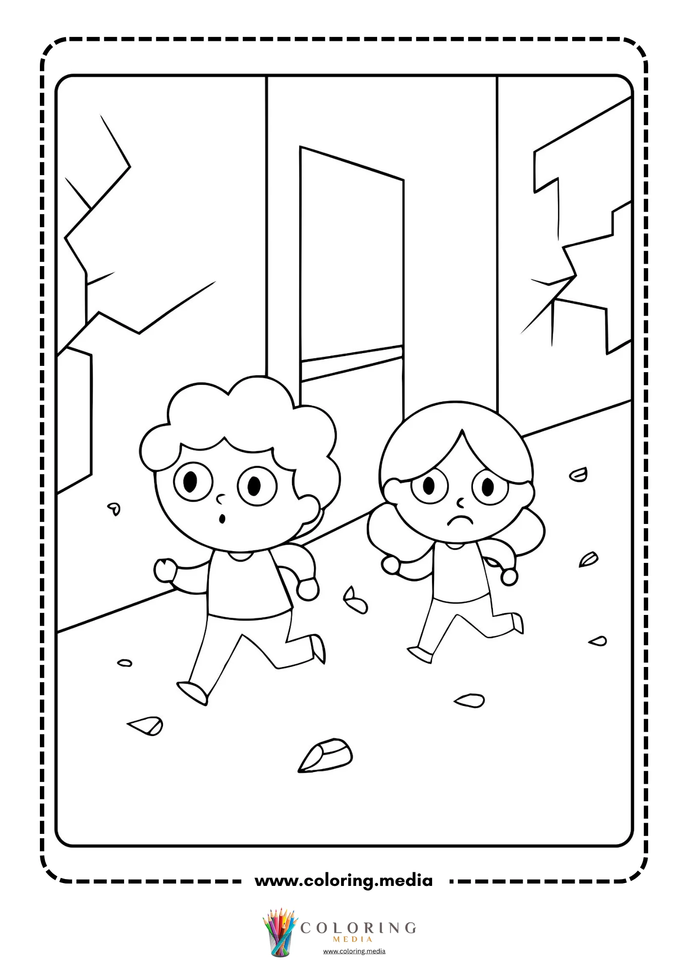 Earthquake coloring page with cracked land and safety theme