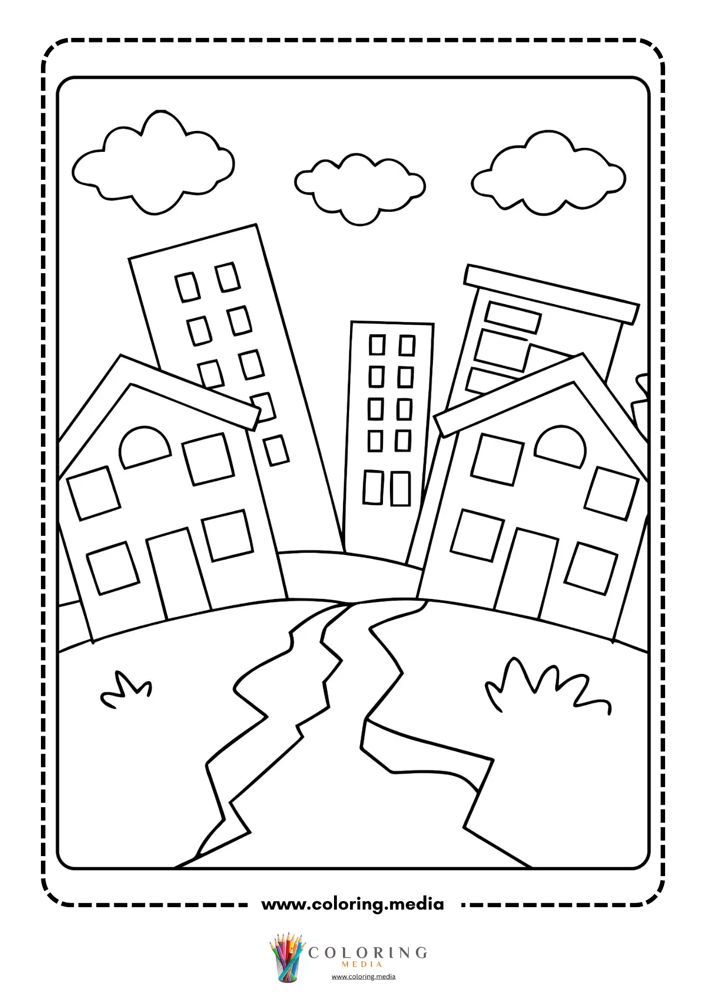 Earthquake coloring page with earthquake scene for science lesson