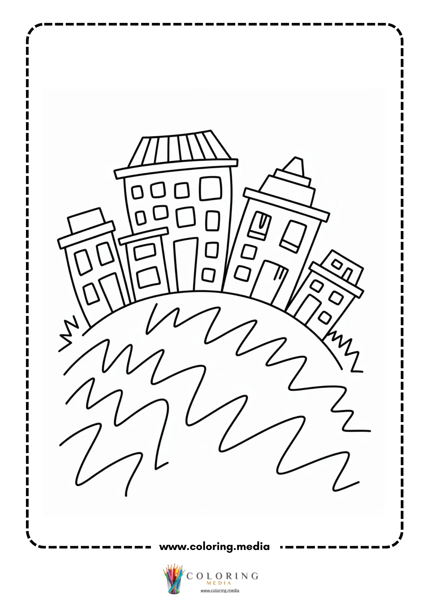 Earthquake coloring page with city street split by cracks