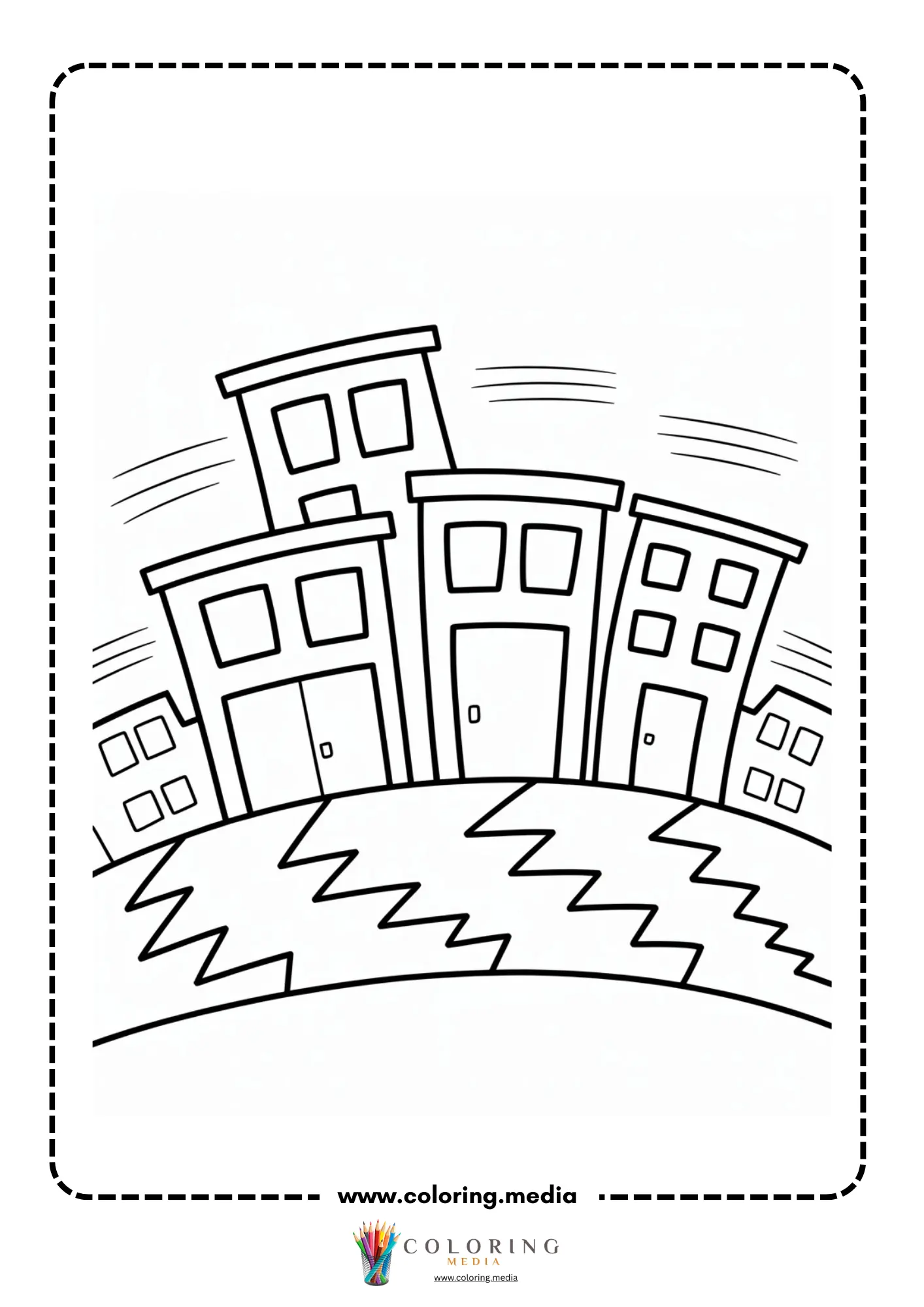 Earthquake coloring page with damaged road and houses