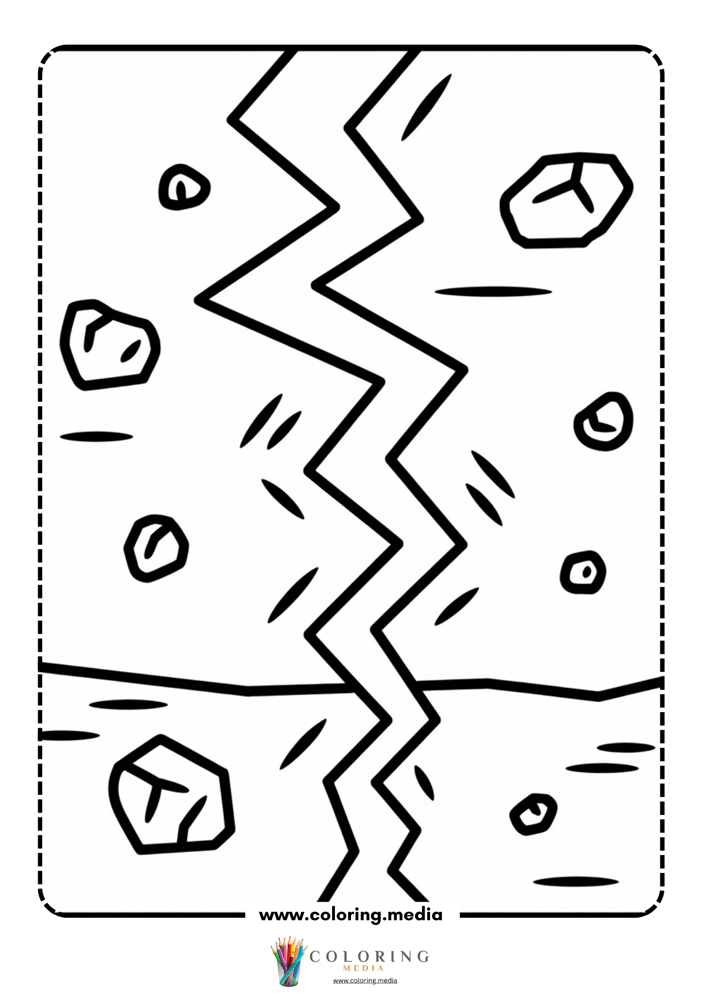 Earthquake coloring page with ground fissures and neighborhood