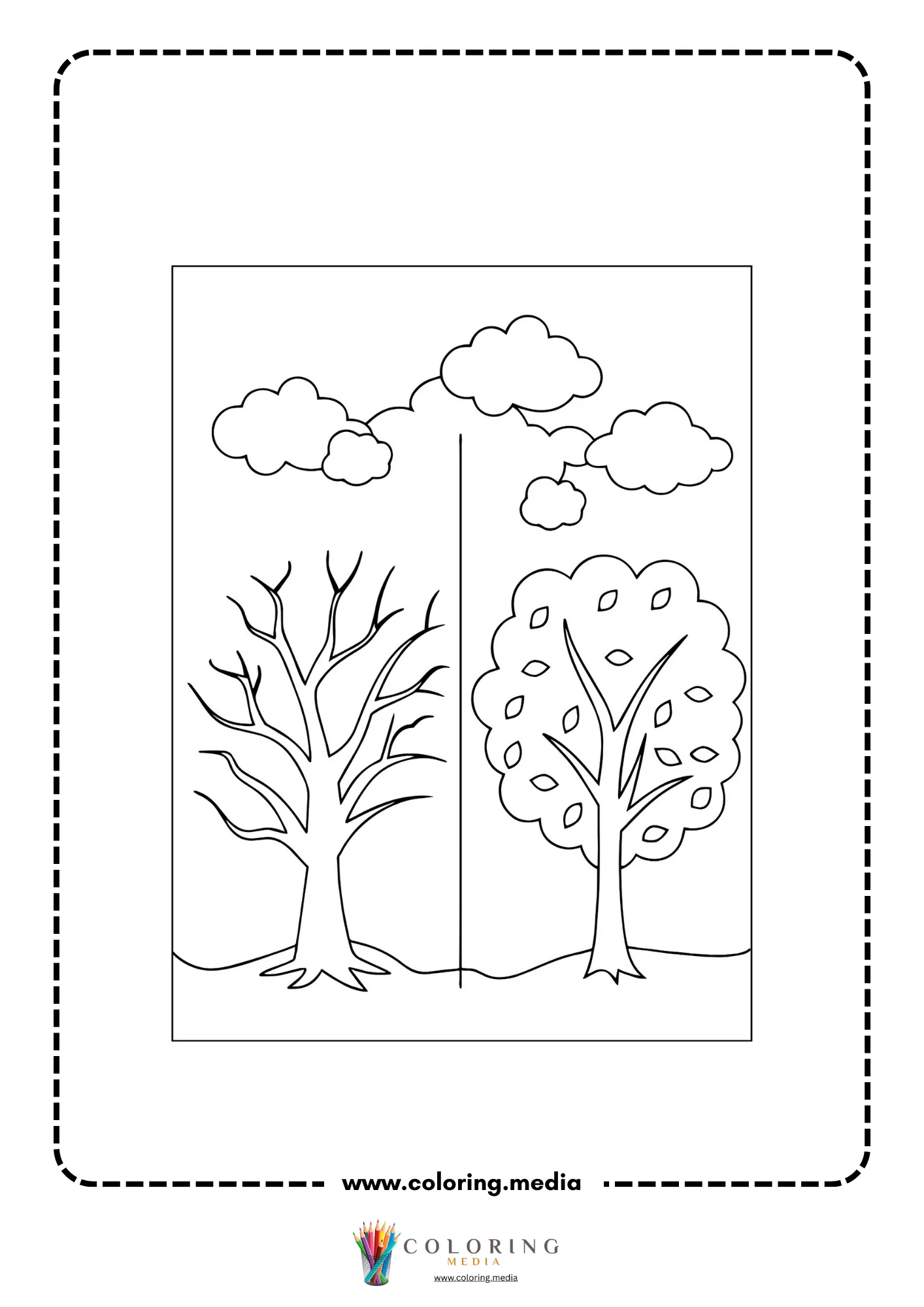 Global warming coloring page with healthy tree and dry tree comparison